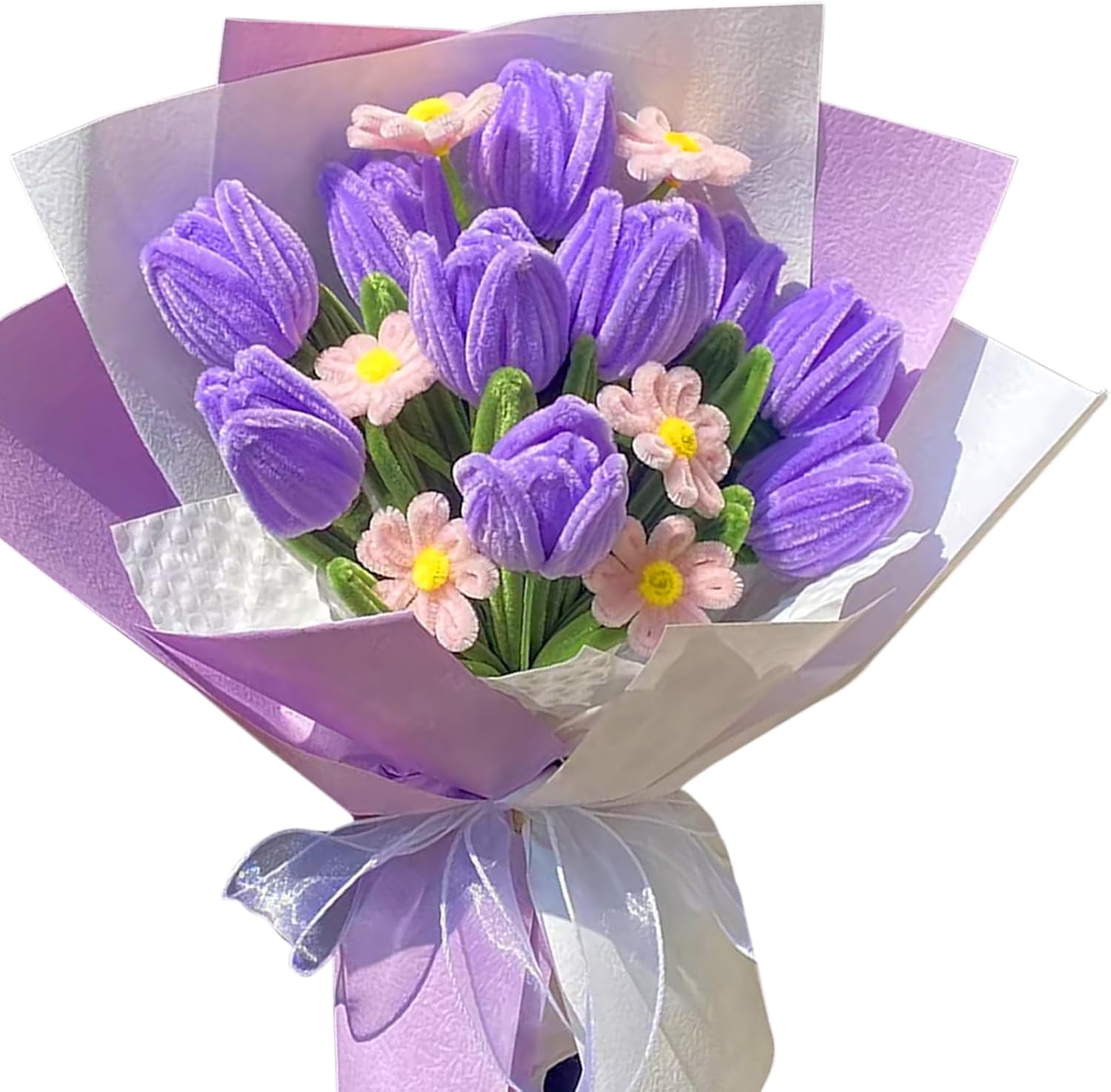 MACIOZE Pipe Cleaners Flowers Bouquet with Tulips, Daisy a Gift for Lover, Mother, Teacher, Friends,Handmade Chenille Stems Flowers, Artificial Flower Finished Bouquet (Purple)
