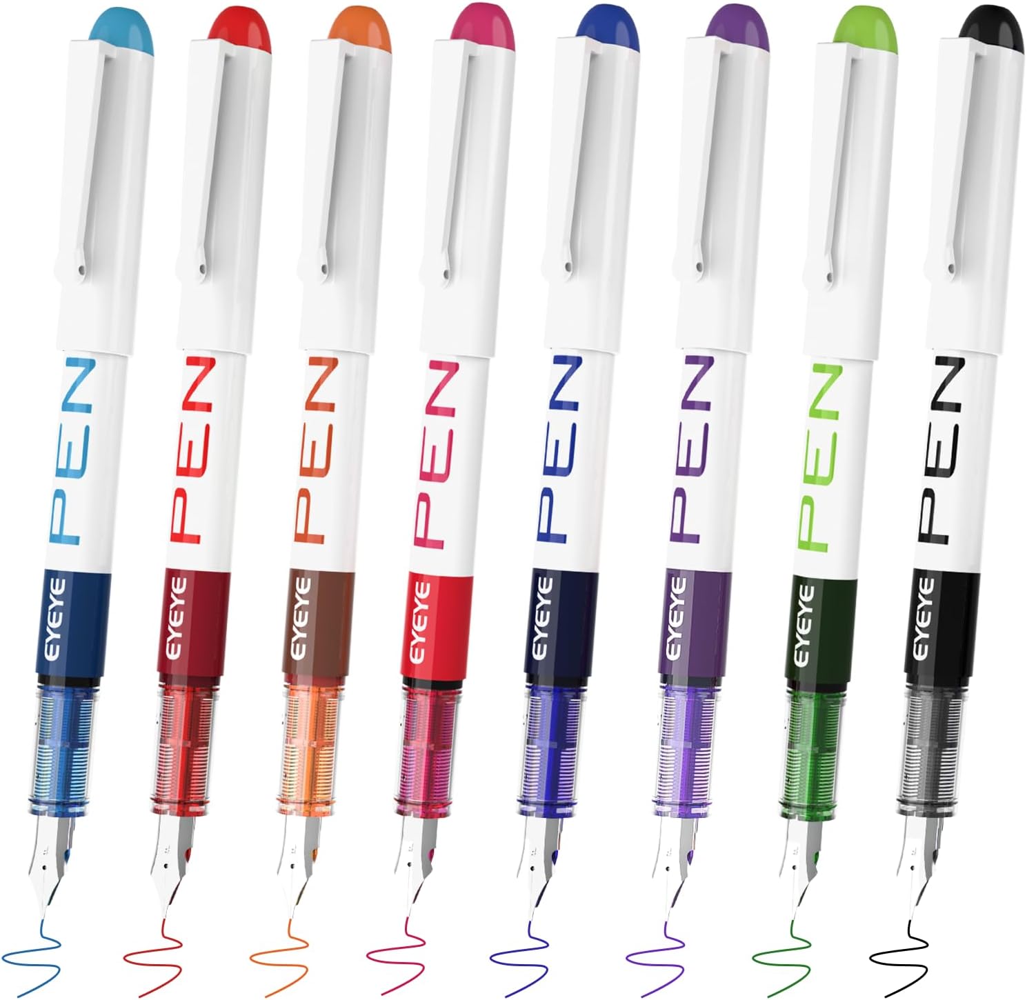 EYEYE Water Based Pens 8 Colors 8 Pack Disposable Fountain Pen Pocket Clip for Writing Easy White Barrel Stainless Steel Nib Diary Calligraphy Graffiti Gift