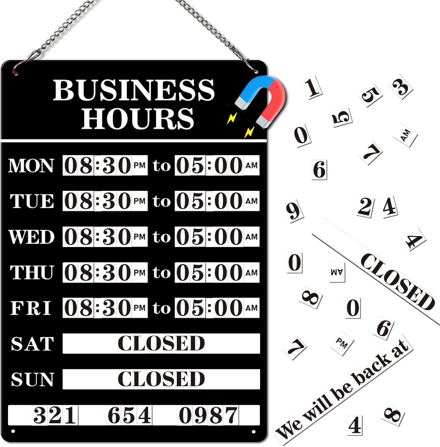 Magnetic Changeable Business Hours Sign, Metal Hours of Operation Signs for Business, Store Hours Sign for Glass Door or Window (BLACK)