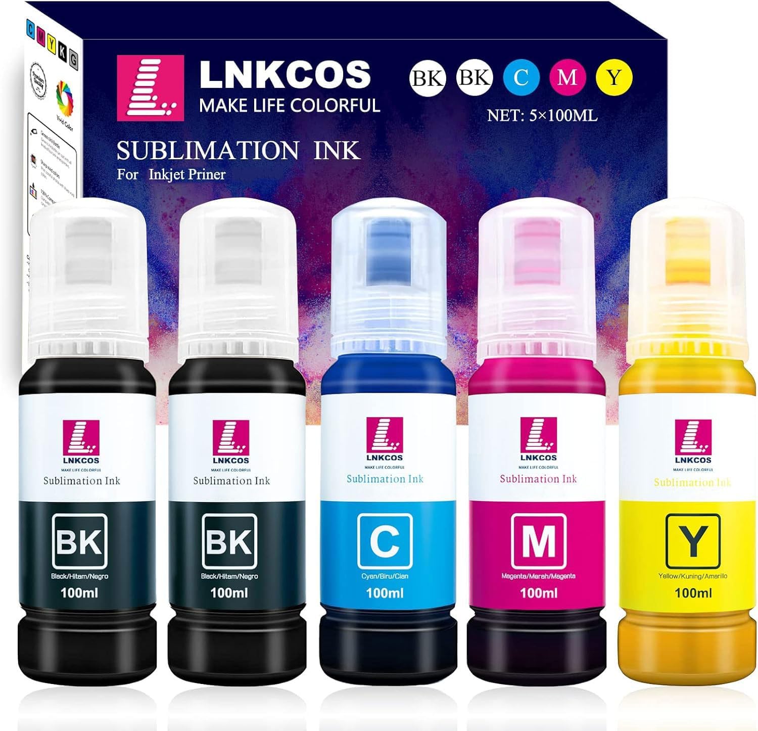 500ML Sublimation Ink Compatible for EcoTank ET-2400 ET-2800 ET-2803 ET-2840 ET-2720 ET-2750 ET-2760 ET-2850 ET-3830 ET-3850 ET-2820 ET-4800 ET-4850 ET-15000 (ICC-Free/Syringe-Free)