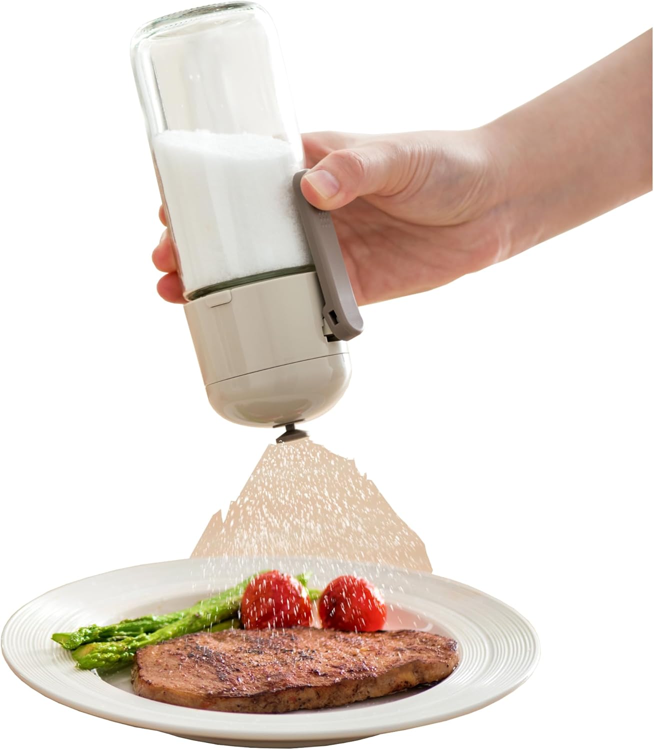 Glass Precision Spice Dispenser By PREMIUS, 8.45 Ounces, Durable Glass Bottle, Plastic Lid, Pour the Perfect Amount of Spices Every Time, Airtight Design with Sleek Glass, White