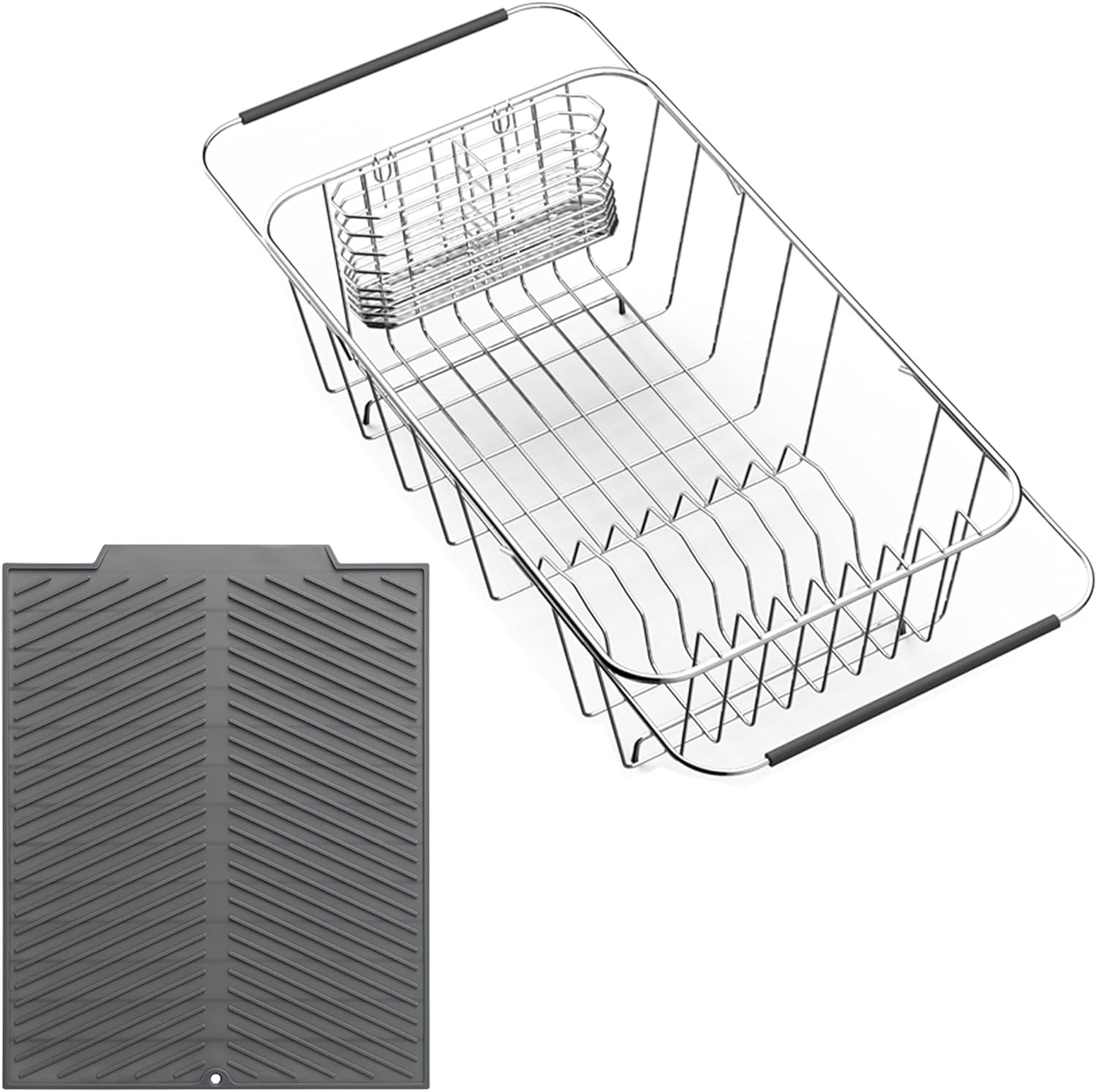 Dish Rack in Sink, Expandable Over The Sink Dish Drying Rack with Utensil Holder and Silicone Drainage pad (Small + 16" Silicone pad)