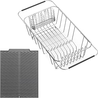 Dish Rack in Sink, Expandable Over The Sink Dish Drying Rack with Utensil Holder and Silicone Drainage pad (Small + 16" Silicone pad)