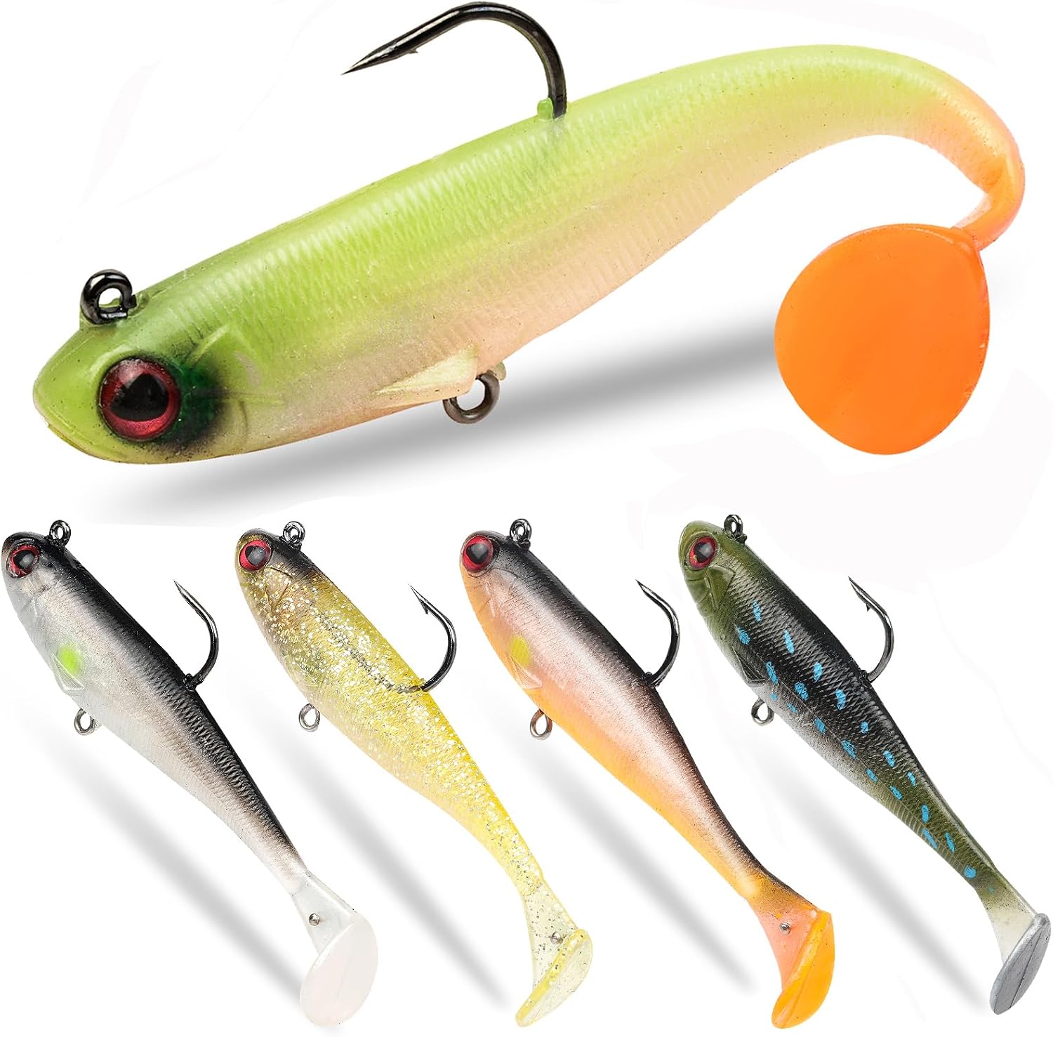 5Pcs Soft Fishing Lures, 3.5" Paddle Tail Swim Baits | Pre-Rigged Jig Heads Realistic Movement Easy Catch Fishing Lure, Freshwater Saltwater Lures for Bass Trout