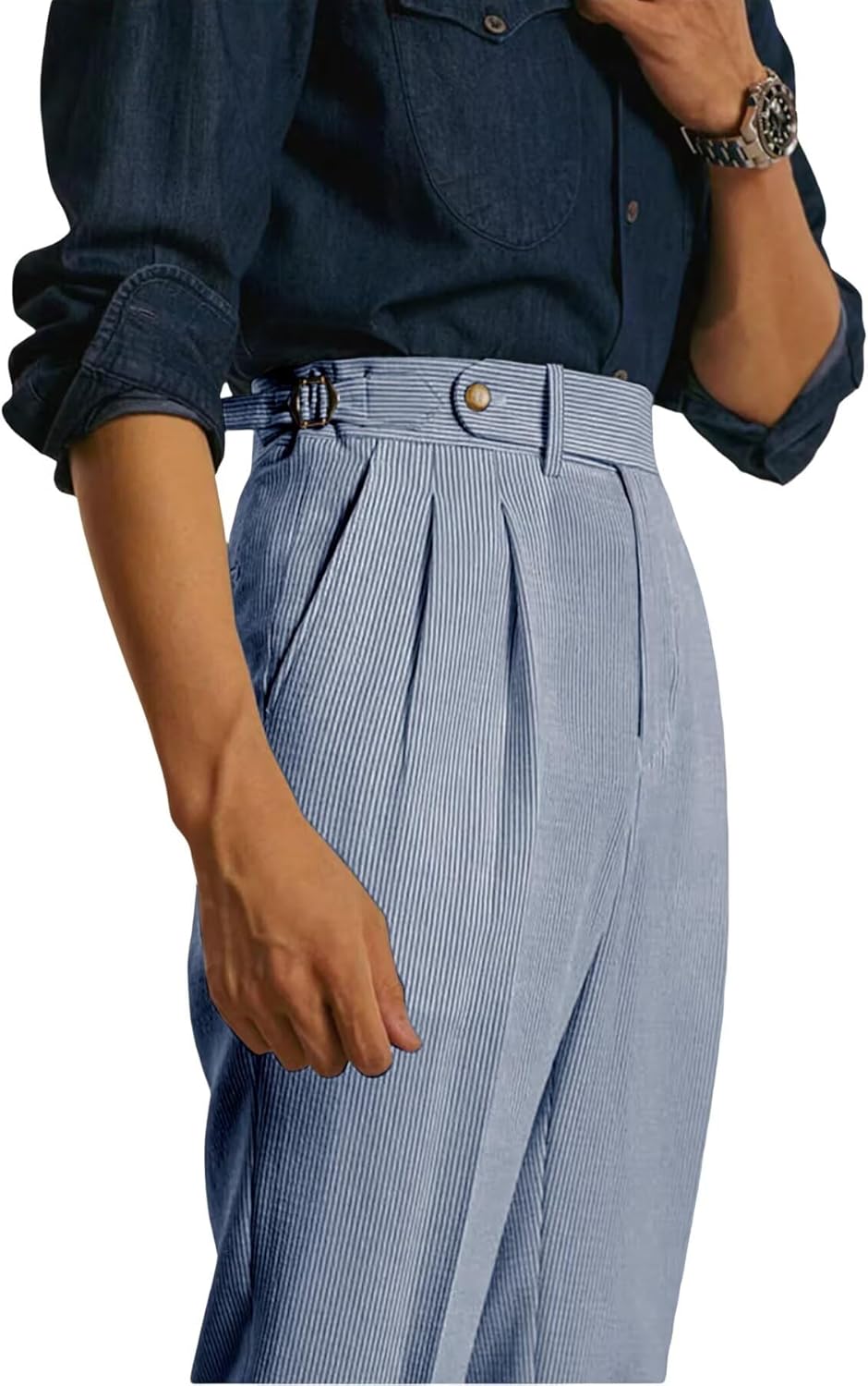 Men's Seersucker Casual Suit Pants Classic Fit Gurkha Dress Pant Spring Summer Beach Striped Trousers for Men