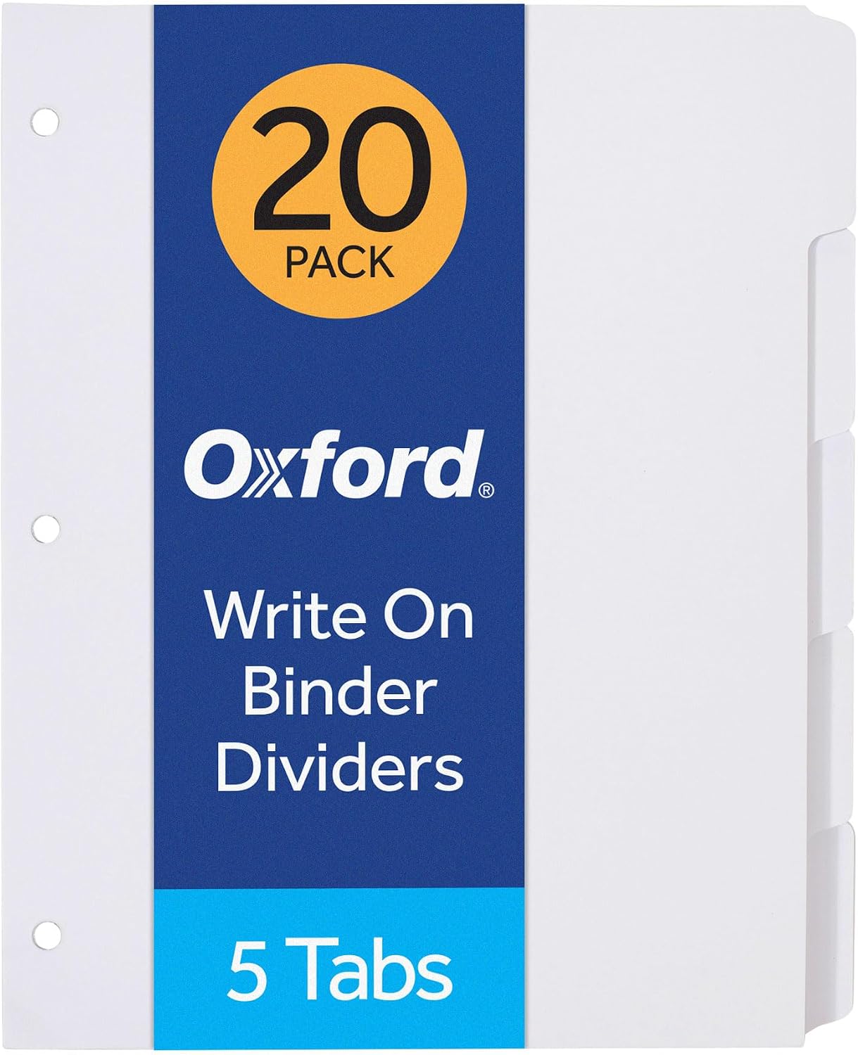 Oxford Blank Write On Binder Dividers, 1/5 Cut Tabs, 3 Hole Punch Dividers in 5 Tab Sets, 100 Dividers, 20 Sets, White (89981)