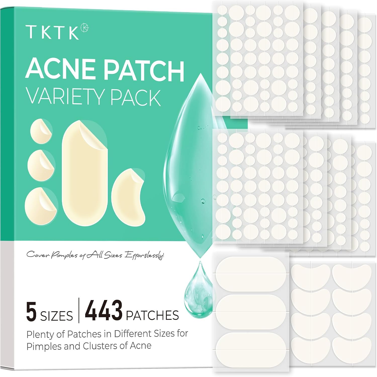 TKTK 443 Count Pimple Patches for Face, Hydrocolloid Spot Stickers, 5 Sizes | Clear Spot Patch for Cheeks, Forehead, Chin Blemishes Zit & Breakouts, All Skin Types, Dots, Strips, Contoured Variety Pack