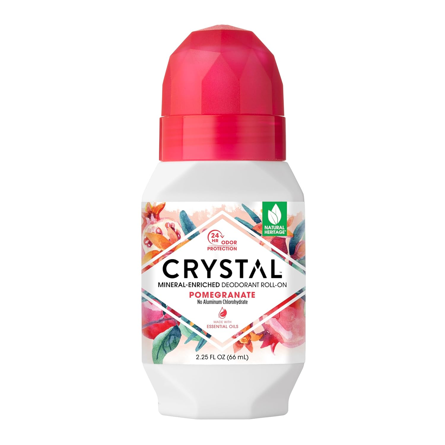 Crystal Mineral Deodorant Roll-On Body Deodorant With 24-Hour Odor Protection, Pomegranate, Non-Sticky Roll-On, No Aluminum Chlorohydrate, 2.25 FL OZ - 1 pack