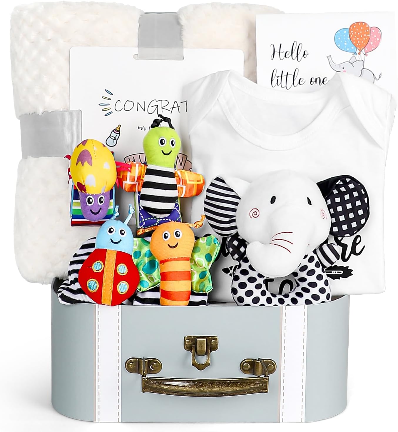 Baby Gift Set, Baby Shower Gifts, Black and White High Contrast Baby Toys 0-6 Months for Newborn Essentials Infant Rattle Socks Elephant Toys Blanket Onesies Baby Gift Basket for Girls Boys (Elephant)