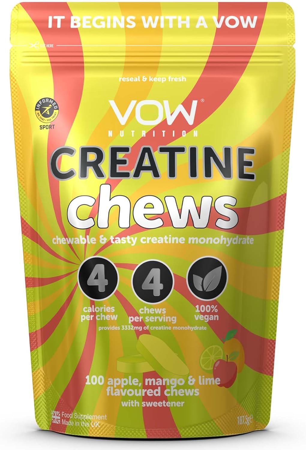 VOW Nutrition Creatine Monohydrate Chews,100 Apple, Mango & Lime Flavoured Chews, Convinient & Tasty, Informed Sports Approved