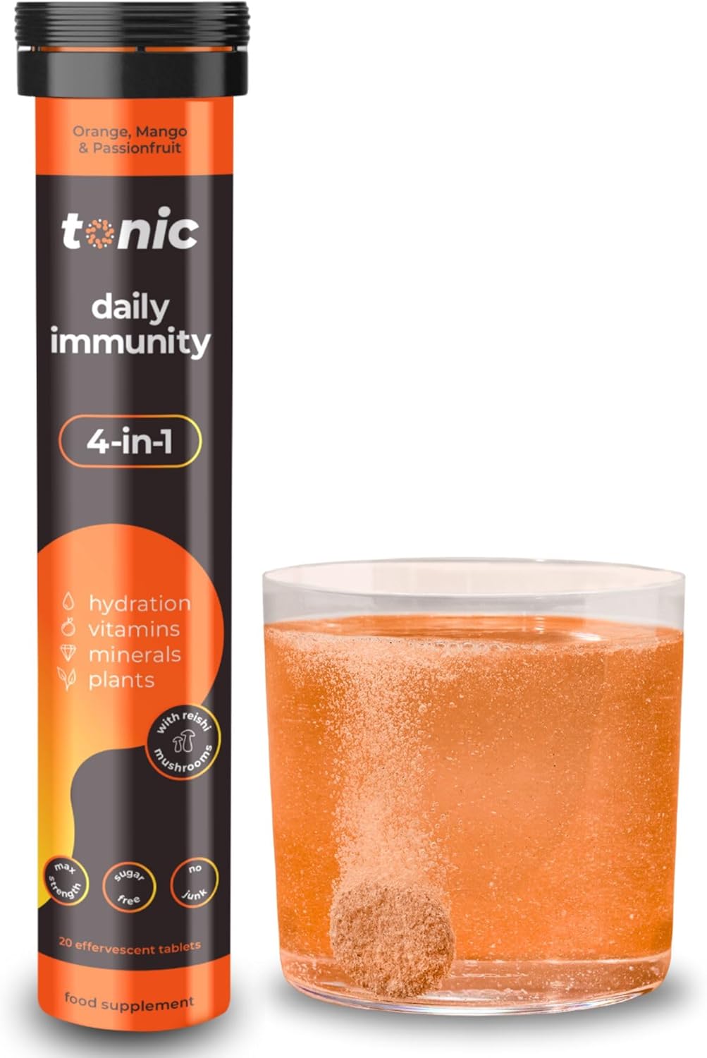 Tonic Health Daily Immunity Tablets - 4-in-1 Effervescent Multivitamins, Minerals & Phytonutrients - Vitamin D, Vitamin C and Zinc - Vegan,No Sugar- Max Strength, Orange, Mango, Passionfruit, 20 Count