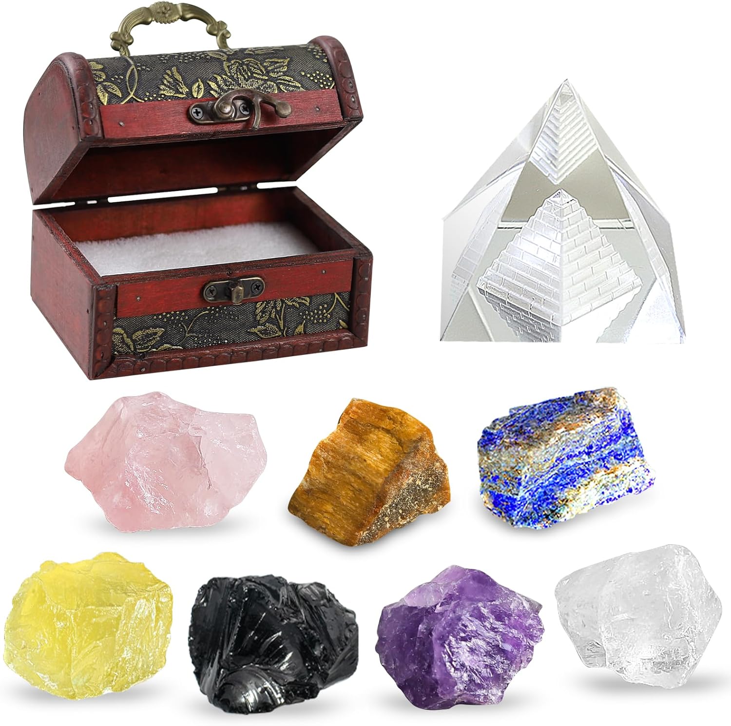 Crystals and Healing Stones,9 Pcs Healing Crystals Set,7 Raw Chakra Crystal Stones Kits Pyramid,Crystals Kits, Natural Selenite Reiki Real Crystal with Wooden Box,Crystal Gifts for Women