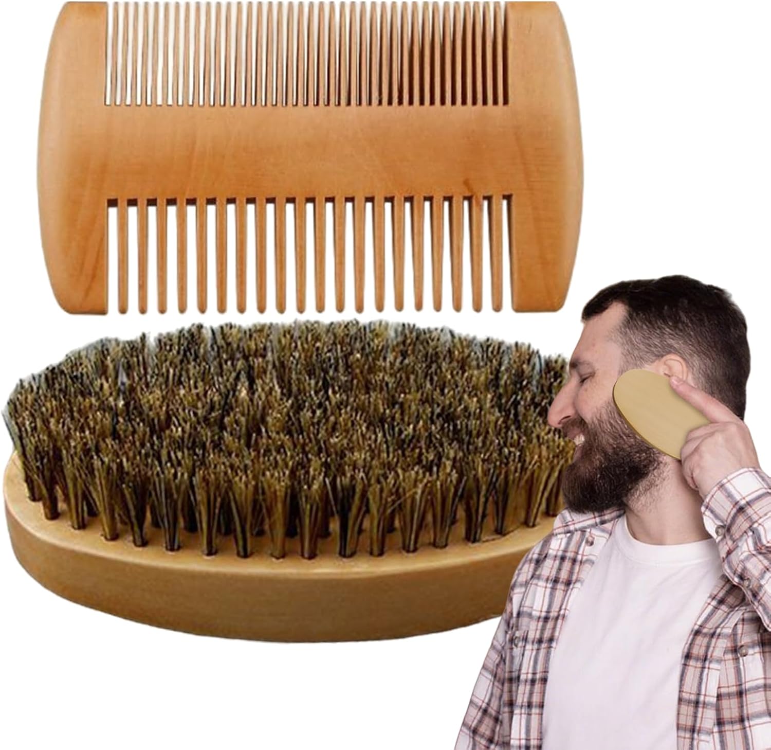 Beard Care Set, Mustache Grooming Kit, Premium Wood Comb Natural Bristle Brush, Travel Friendly Compact Design, Excellent for Daily Home Post Shower Styling Preparation