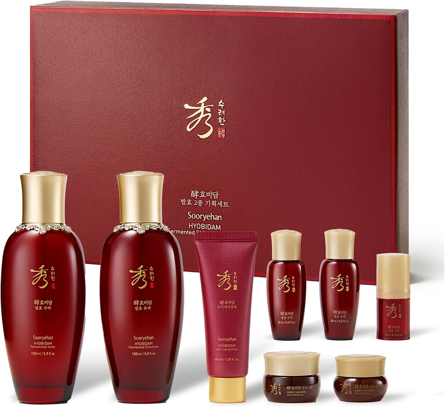 SOORYEHAN HYOBIDAM FERMENTED SKINCARE GIFT SET - Korean Skincare Gift Set, Luxury Premium High-end Revitalizing Toner, Emulsion Lotion, Essence, Cream, Cleansing Foam, Sheet Mask (400 ml / 13.52 fl oz