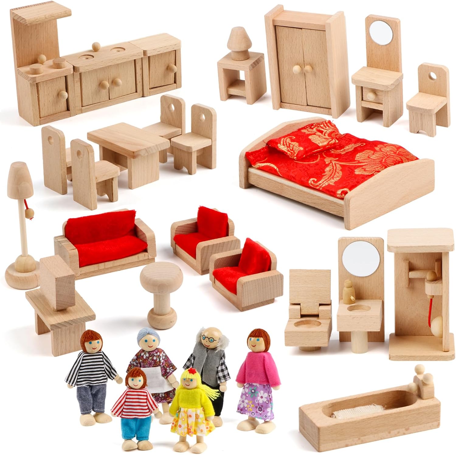 KABENFIS 39PCS 5 Set Dollhouse Furniture Accessories with a family of 6 dolls Decoration Pretend Play Toys for girls boys