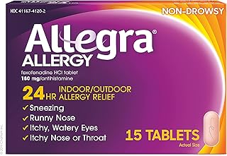 Allegra Adult 24HR Non-Drowsy Antihistamine, 15 Tablets, Fast-Acting Allergy Symptom Relief, 180 mg