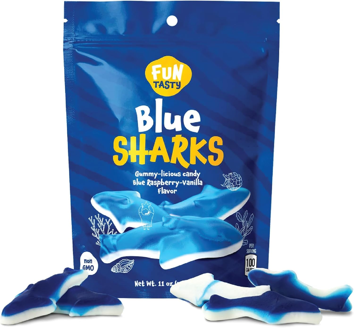 Funtasty Blue Sharks Gummy Candy - 11 Ounce Bag - Blue Raspberry Marshmallow Flavor