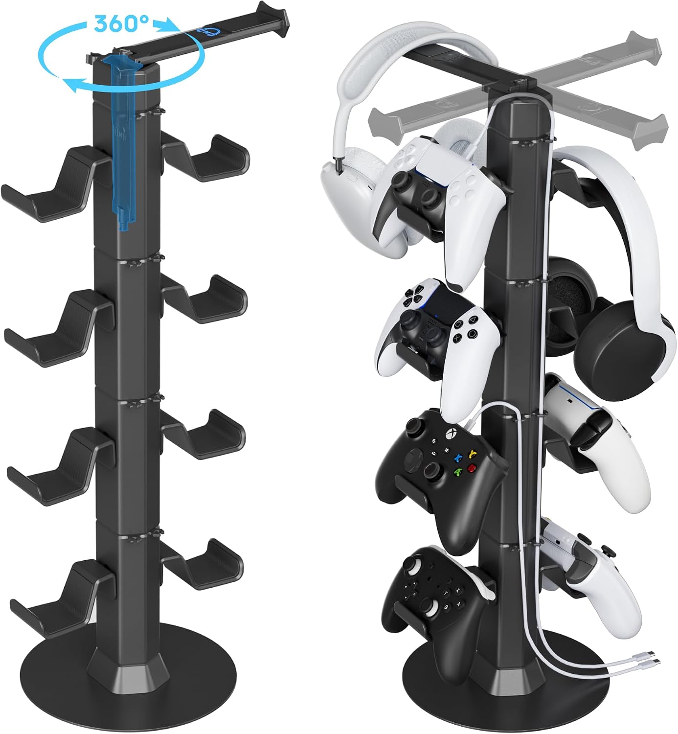 Controller & Headset Holder Stand for Desk, with Charger Cable Organizer Headphone Stand for PS5/ Xbox/ PS4/ Switch, Metal Base Controller Hanger Hook for Storage Earphones, Game Console, Mobile Phone