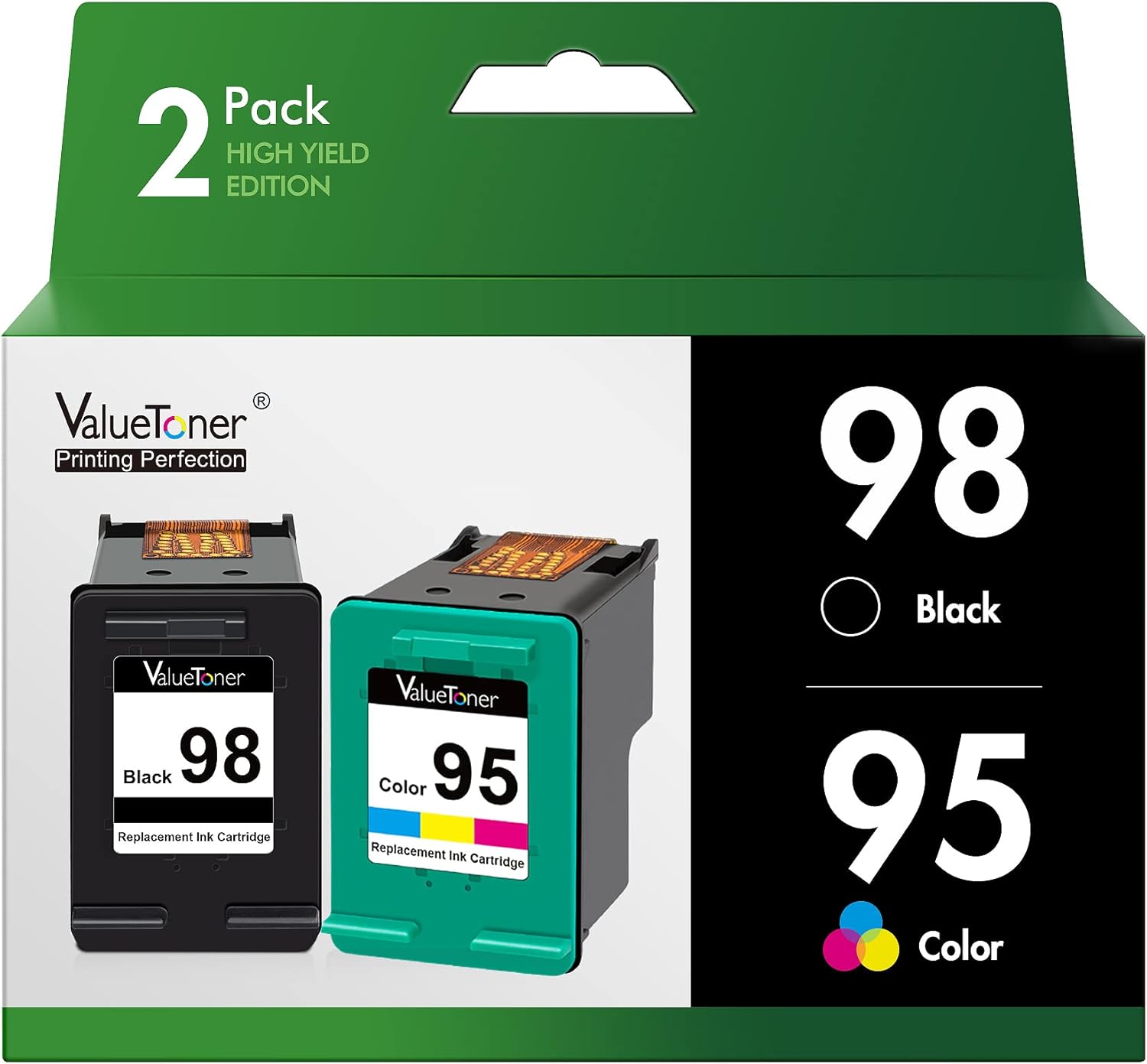 Valuetoner Remanufactured Ink Cartridge Replacement for HP 98 C9364WN & 95 C8766WN for Officejet 150 100 6310, PhotoSmart 8050 C4180 C4150, Deskjet 460 5940 Printer (1 Black, 1 Tri-Color, 2 Pack)