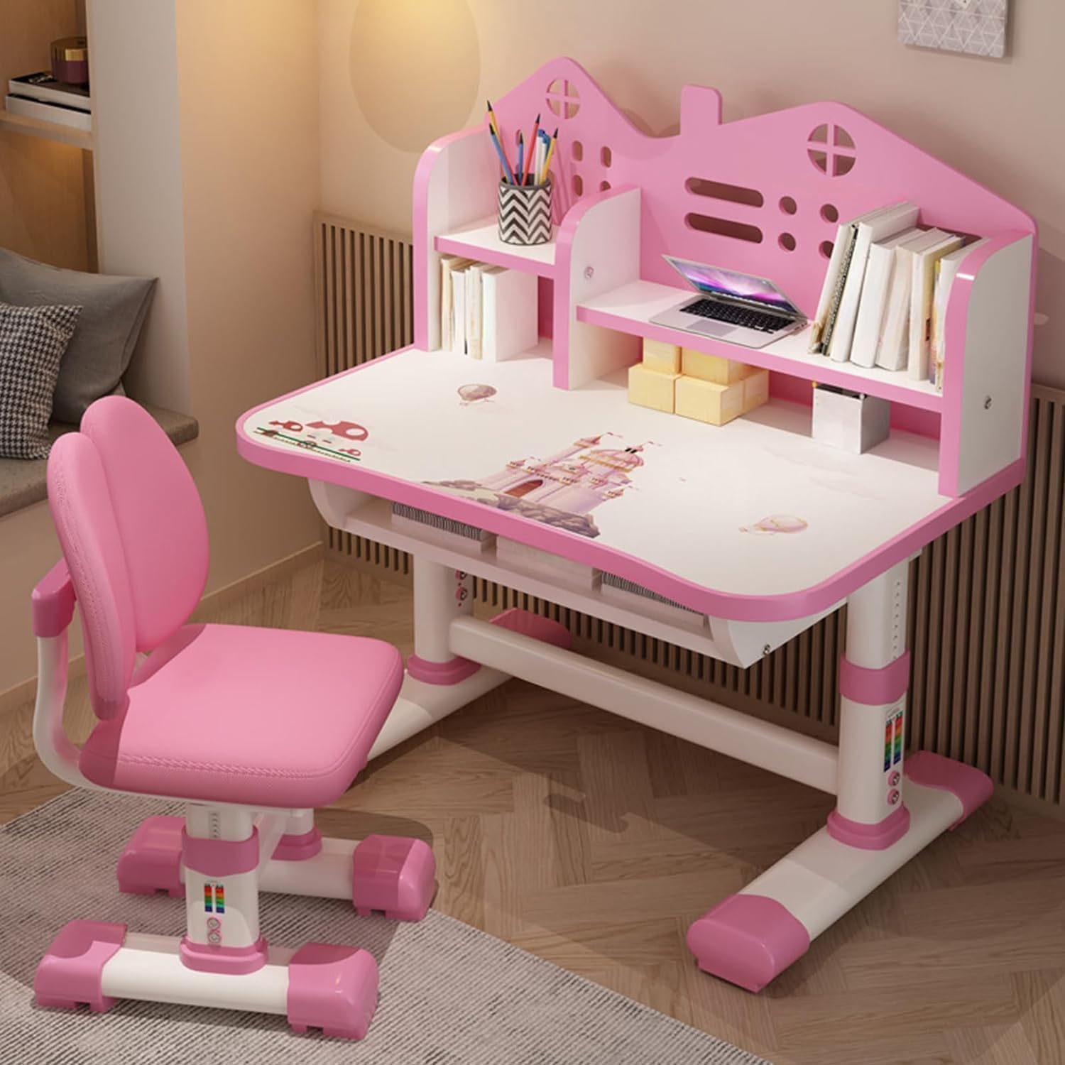 Kids Desk and Chair Set, Height Adjustable Childrens Desk and Chair Set, Ergonomic Writing Desks with Widened Desktop, Bookstand and Storage Drawer, Pink