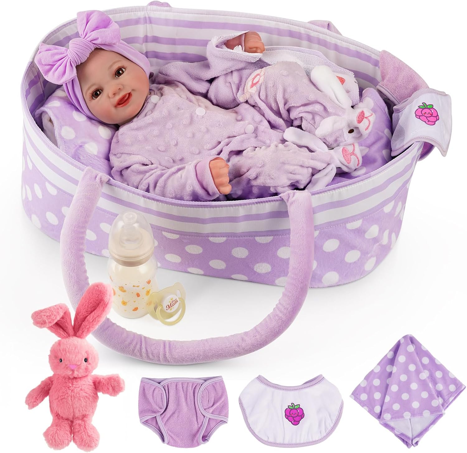 BABESIDE Lifelike Reborn Baby Dolls with Bassinet, 17 Inch Soft Body Realistic Newborn Real Life Girl Baby Dolls Soft Vinyl and Cloth Body with Basket & Feeding Kit Gift Box for Kids Age 3+