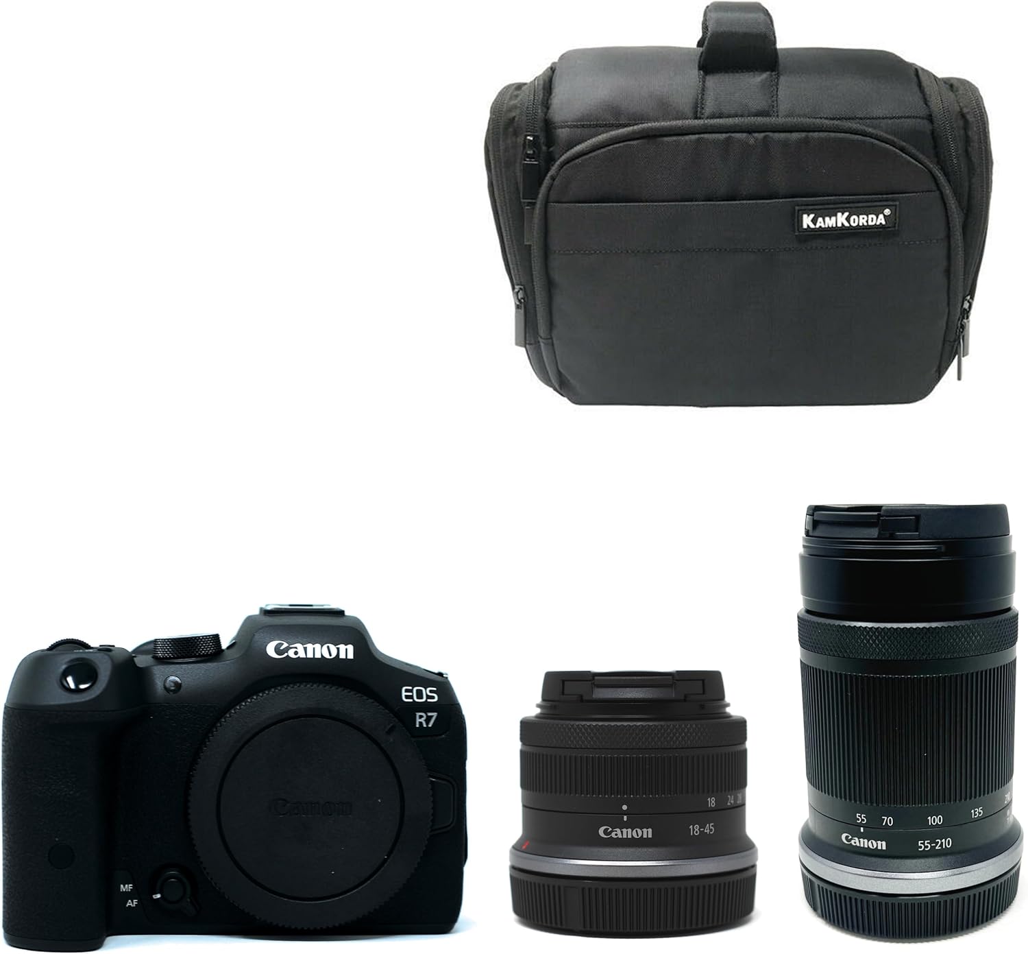 KamKorda Camera Bag + R7 Mirrorless Camera + RF-S 18-45mm + RF-S 55-210mm STM lens, 32.5MP APS-C CMOS Sensor, 4K60 10-Bit Video + 2 Year Warranty