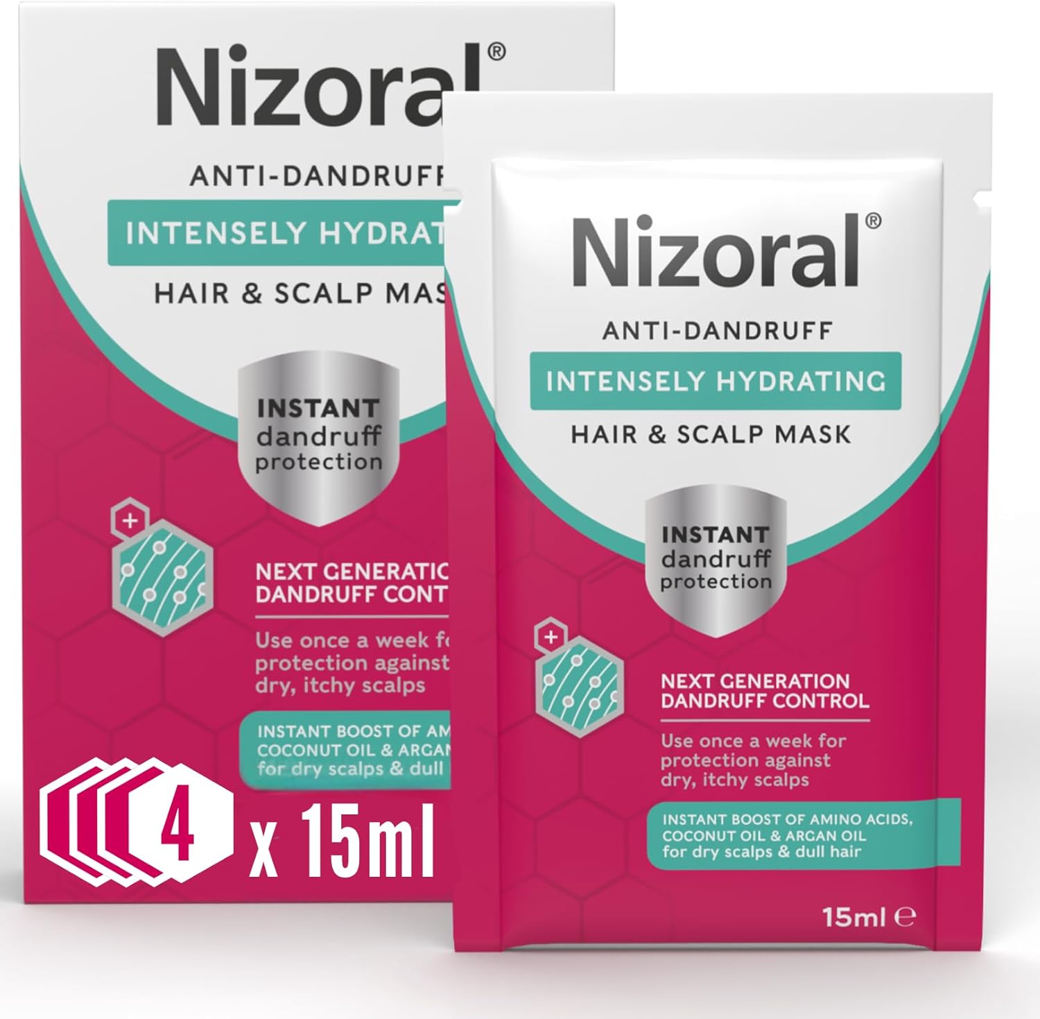 Nizoral Anti-Dandruff Intensely Hydrating Hair Mask 4X15ml, Protects against Dandruff and Leaves you with Soft, Shiny, Nourished Hair - Contains Argon Oil and Coconut Oil