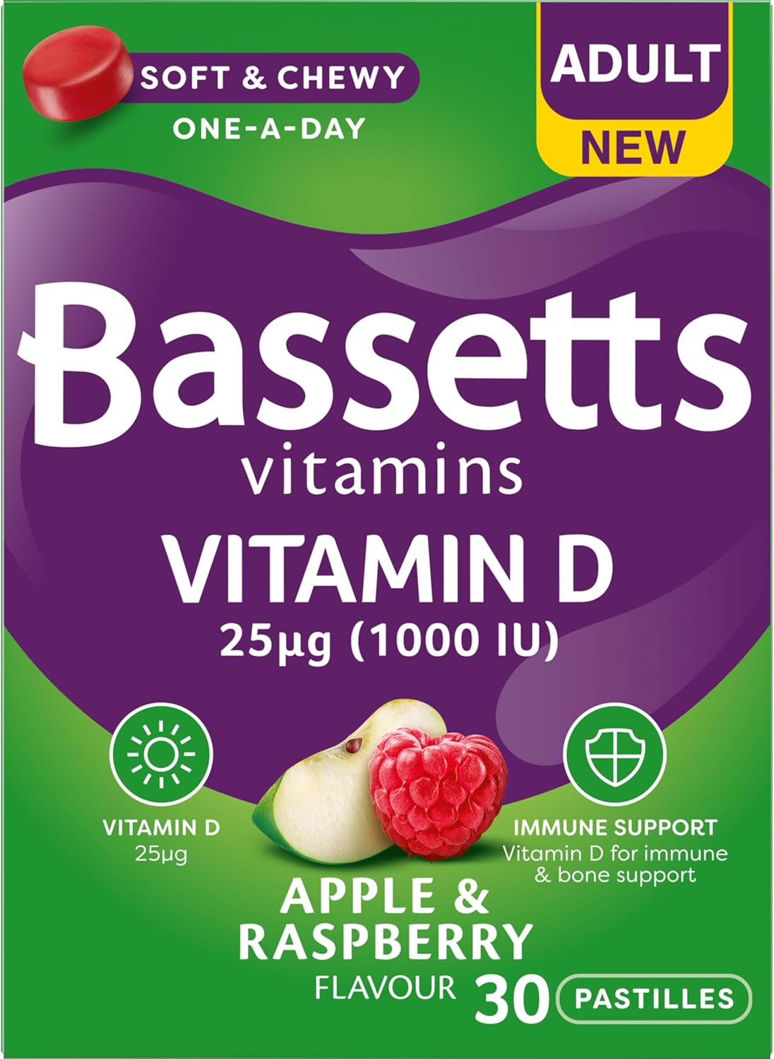 Bassetts Vitamins Adult Apple and Raspberry Flavour Vitamin D 30 Gummy Pastilles