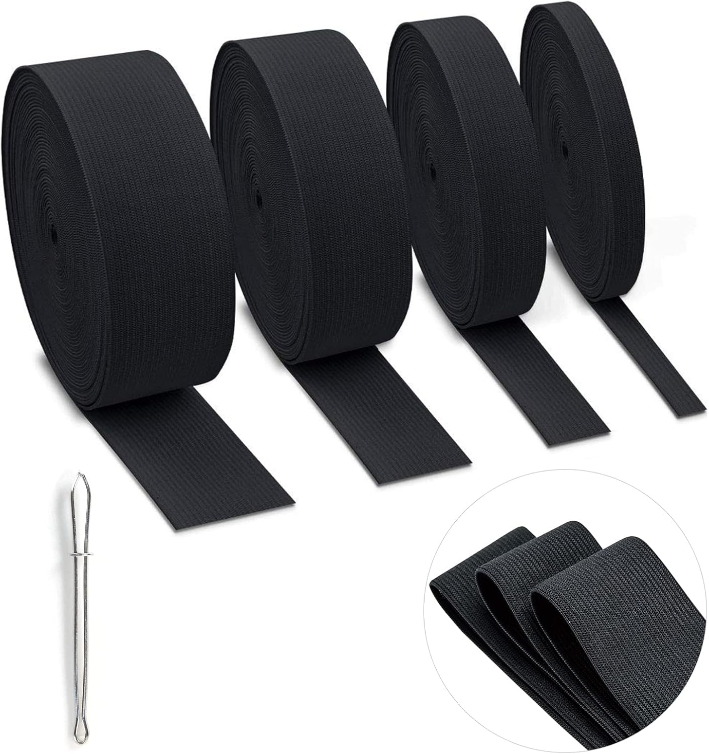 4 Rolls Elastic for Sewing, Black Elastic Band Knit Elastic Spool High Elasticity 0.4/0.6/1/1.5 Inch in Width, 5.5 Yards/Roll for Wigs Waistband Pants Dress Swimwear Belt (Black-4 Rolls)