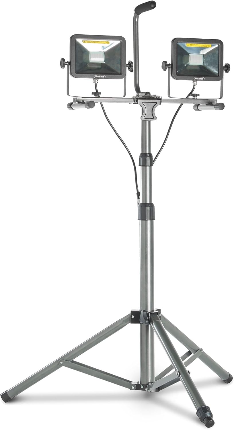 VonHaus Dual Head 4000 Lumen LED Work Light with Tripod Stand, Detachable Metal Lamp Housing, Telescopic Stand, Rotating Waterproof Lamps and 8.2Ft Power Cord