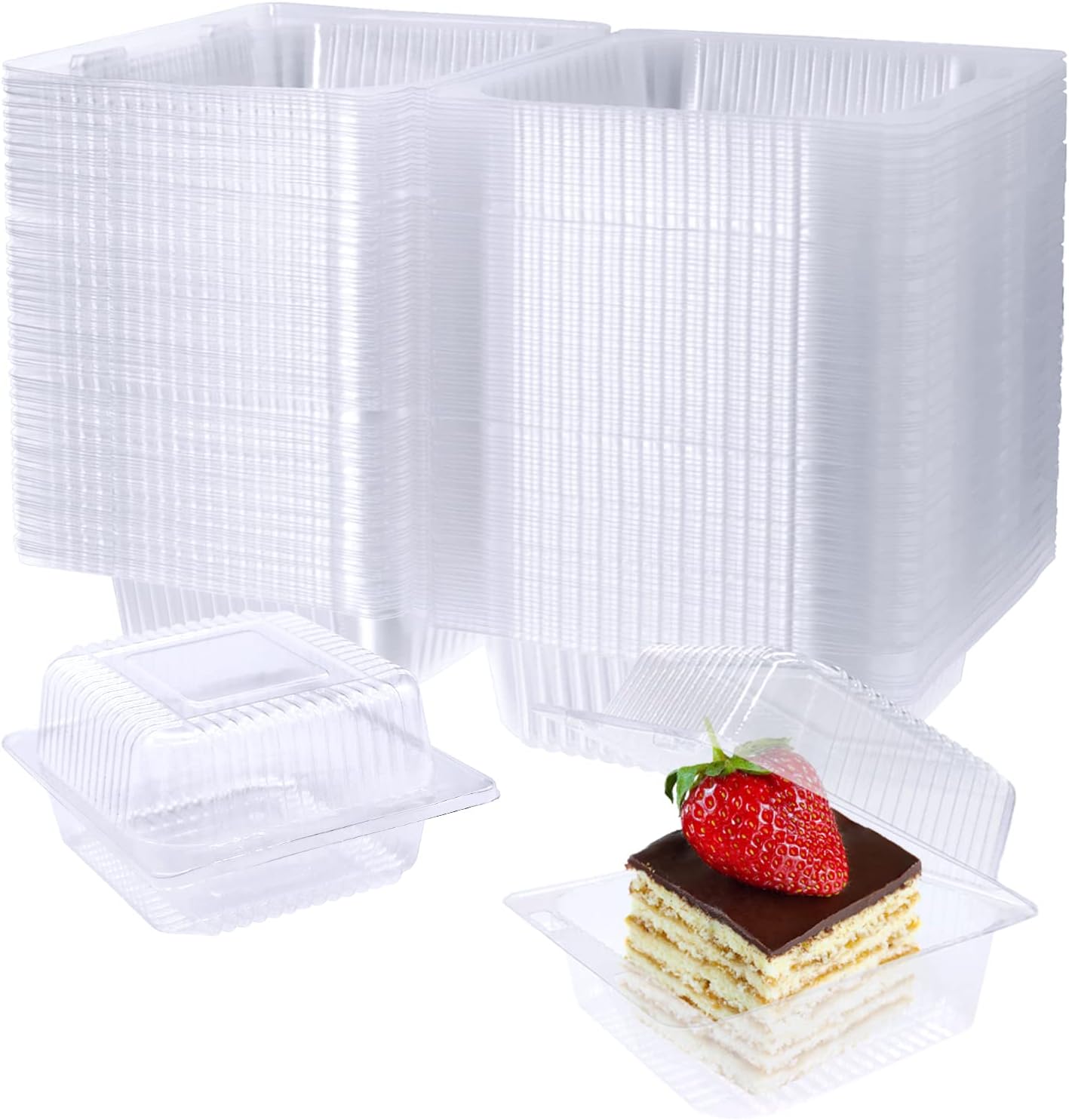 Jizvxe 100 Pack Clear Plastic Square Hinged Food Container,Disposable Plastic To Go Containers with Clear Lids,Cake Slice Containers Clamshell Takeout Tray for Pastry,Salad,Dessert(5.1"x 4.7"x 2.8")