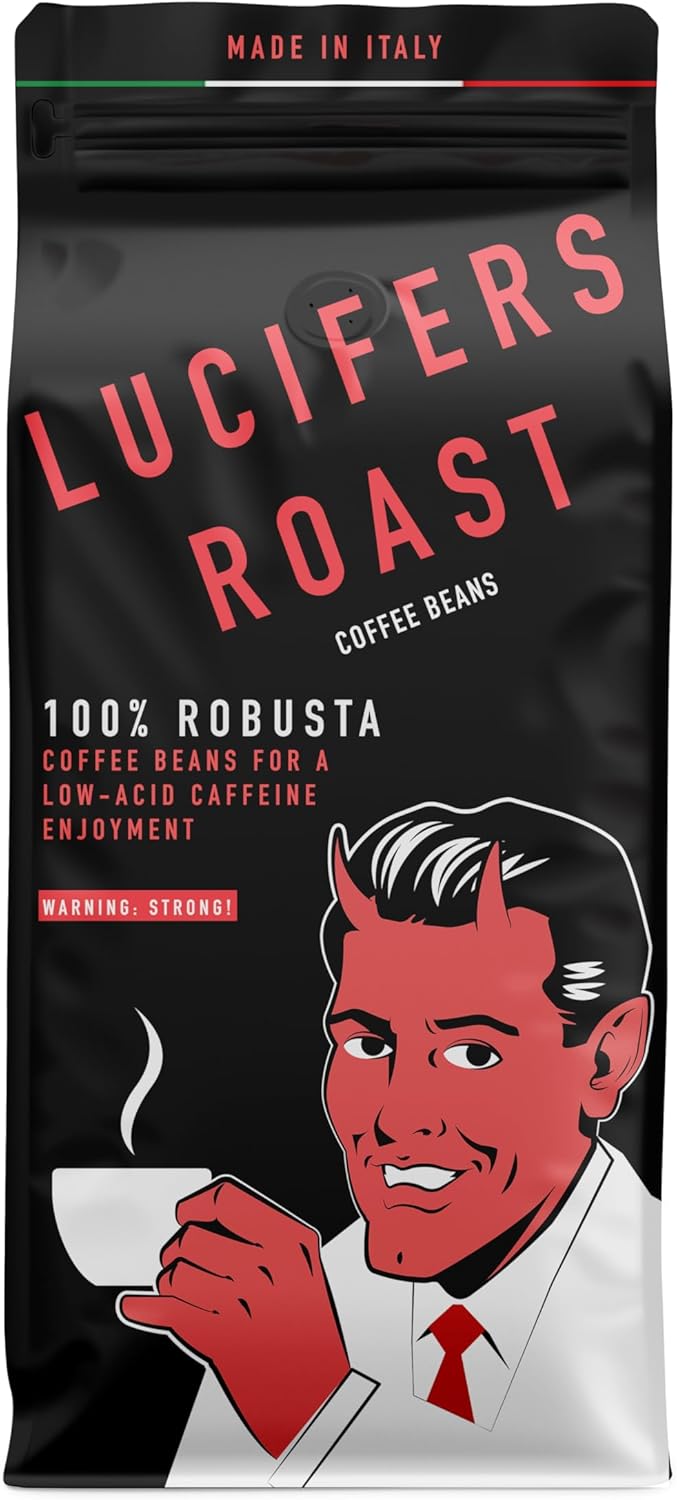 LUCIFERS ROAST 2.2lb strong coffee beans from Italy - very strong espresso - low acid - for coffee machines or portafilter - 100% Robusta (Whole Bean, 1000g)