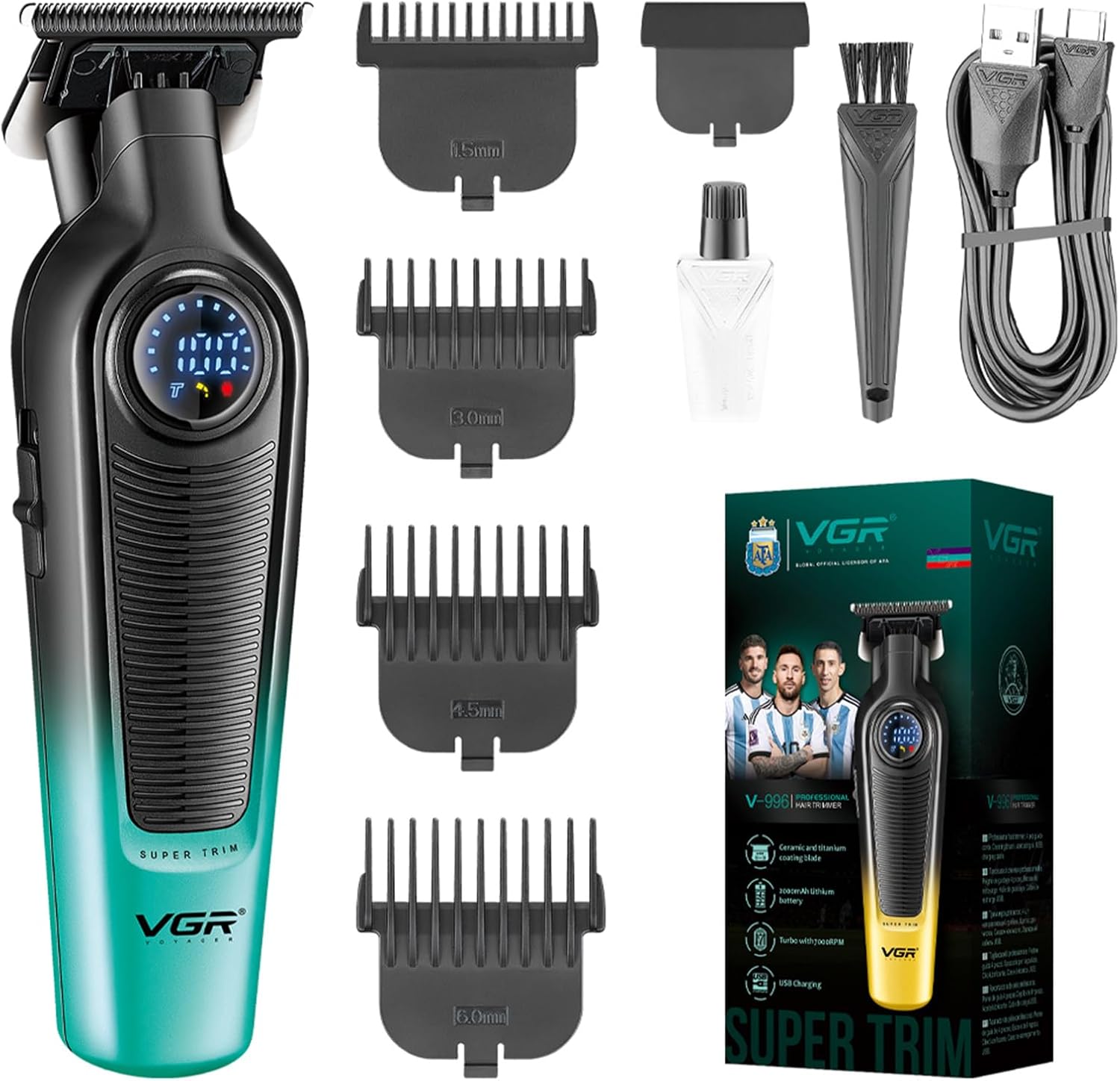 VGR 996 Hair Trimmer for Men, Cordless Hair Clippers with 7000RPM, Green | Ceramic Titanium Blade Beard Trimmer, LED Display, USB Rechargeable Grooming Tool for Beard Hairline Detail
