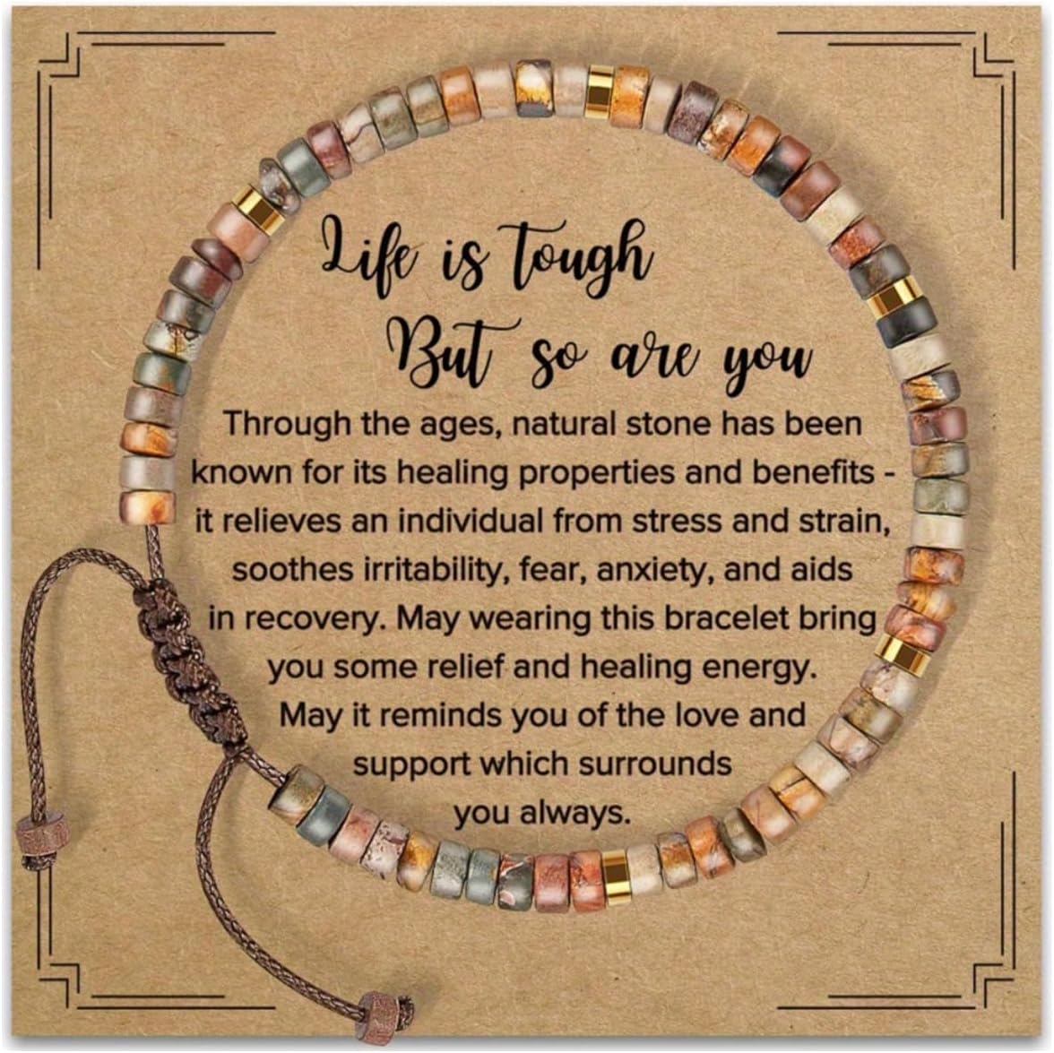 Natural Stone Bracelet – Adjustable Beaded Bracelets, Friendship Bracelet, Healing Bracelets for Women Yoga Meditation Birthday Gifts Inspirational Cards Life is Tough But So are You Anxiety Bracelet
