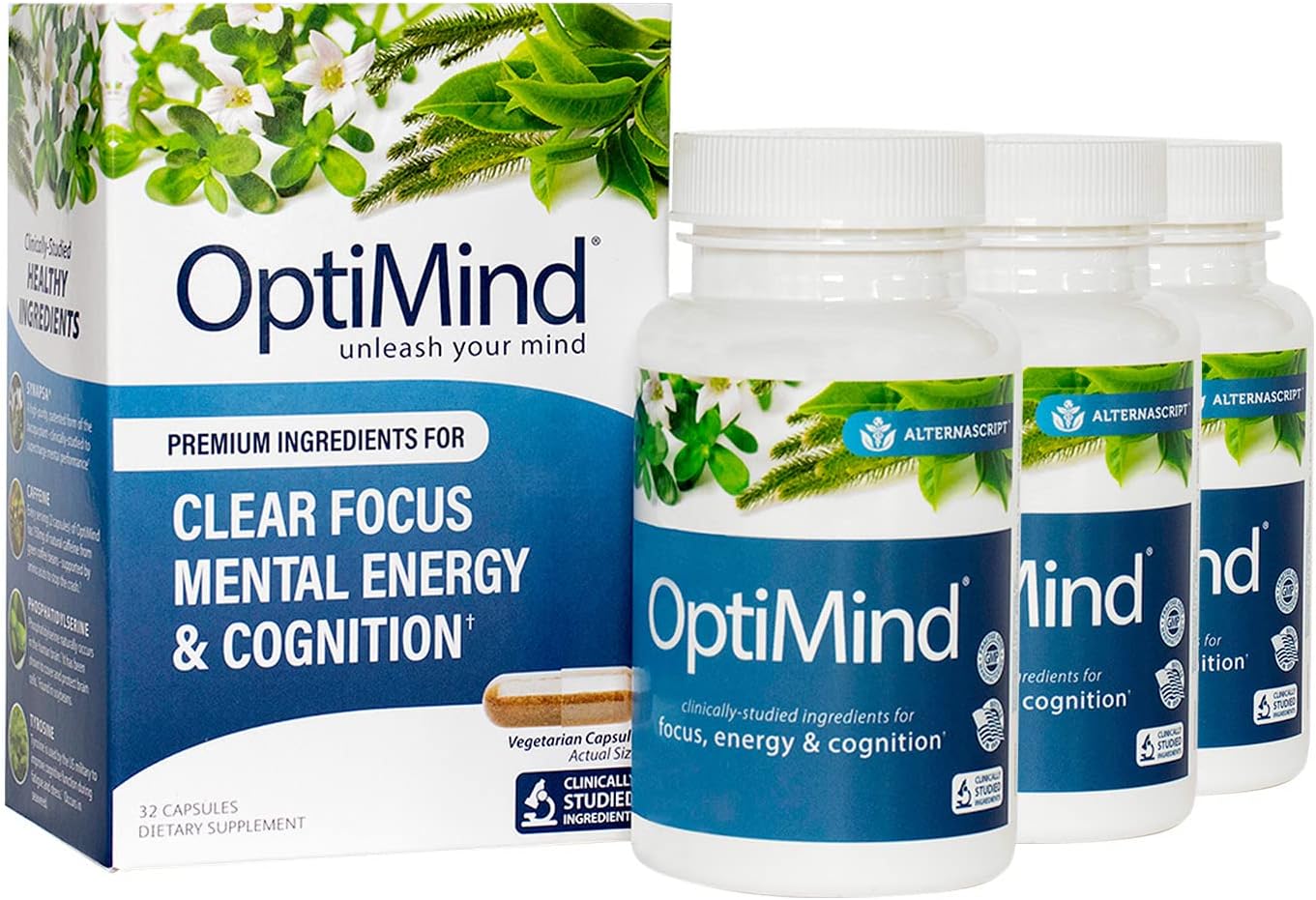 Optimind Nootropics Brain Booster Supplement | Enhance Focus and Cognition, Improve Retention, Sustain Energy | Clinically Studied Ingredients, Bacopa, Tyrosine, Huperzine A, GABA - 3 Bottle (96 Ct)