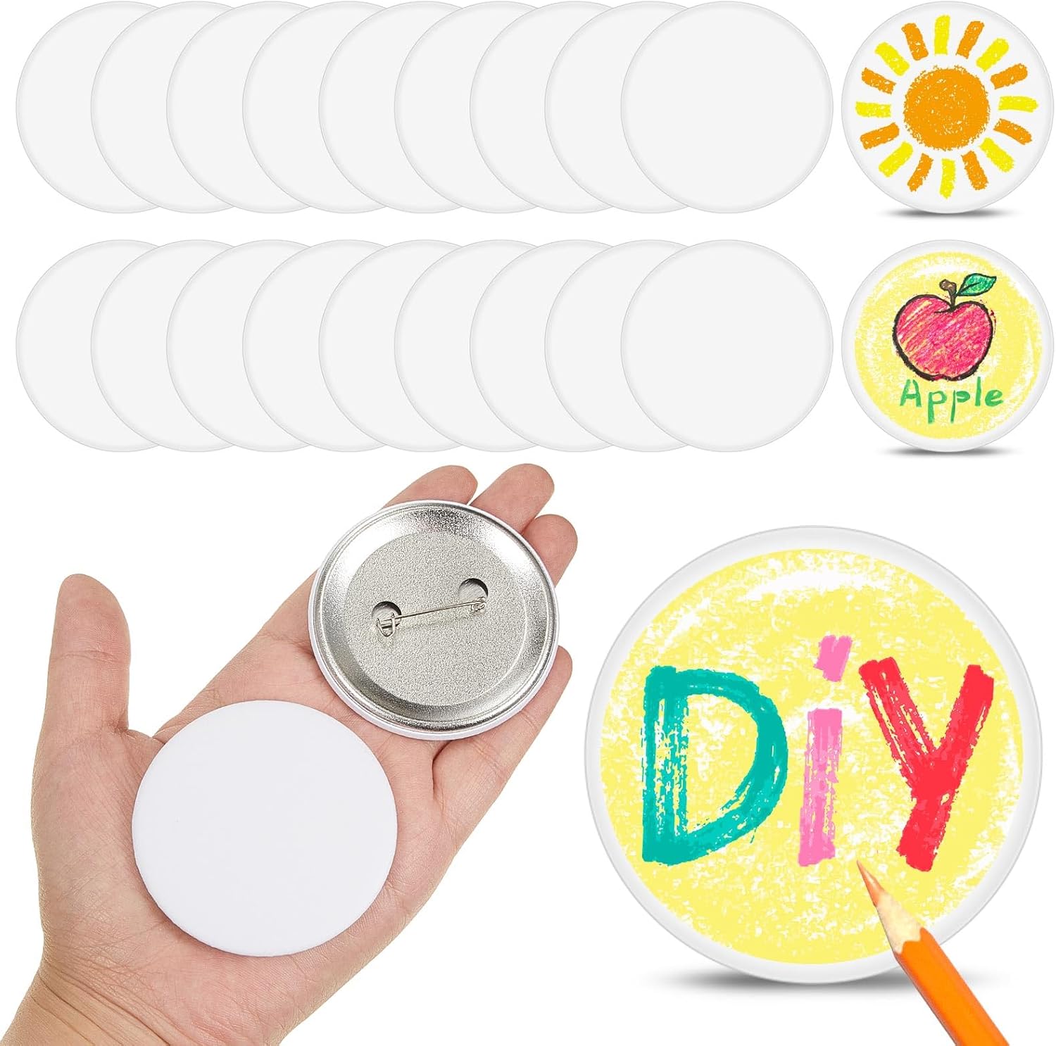 XunYee 20 Pcs Blank White Button Pins 2.25 Inch/ 58 mm DIY Craft Button with White Pins Design Making Kit for Crafts Christmas Supplies, DIY Badges
