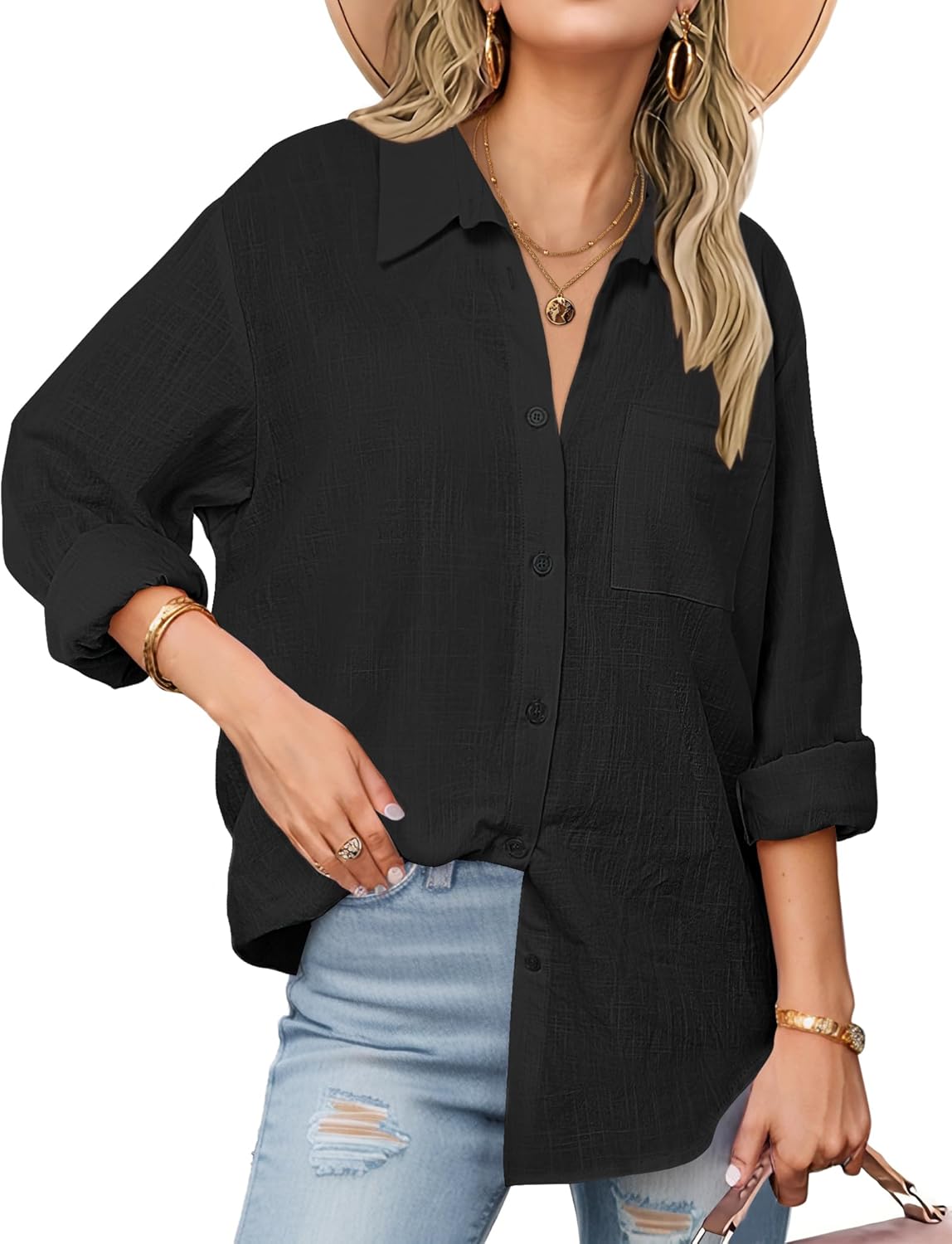 Zeagoo Womens Button Down Shirts Long Sleeve Cotton Gauze Tops Casual Collared Blouses Loose Fit