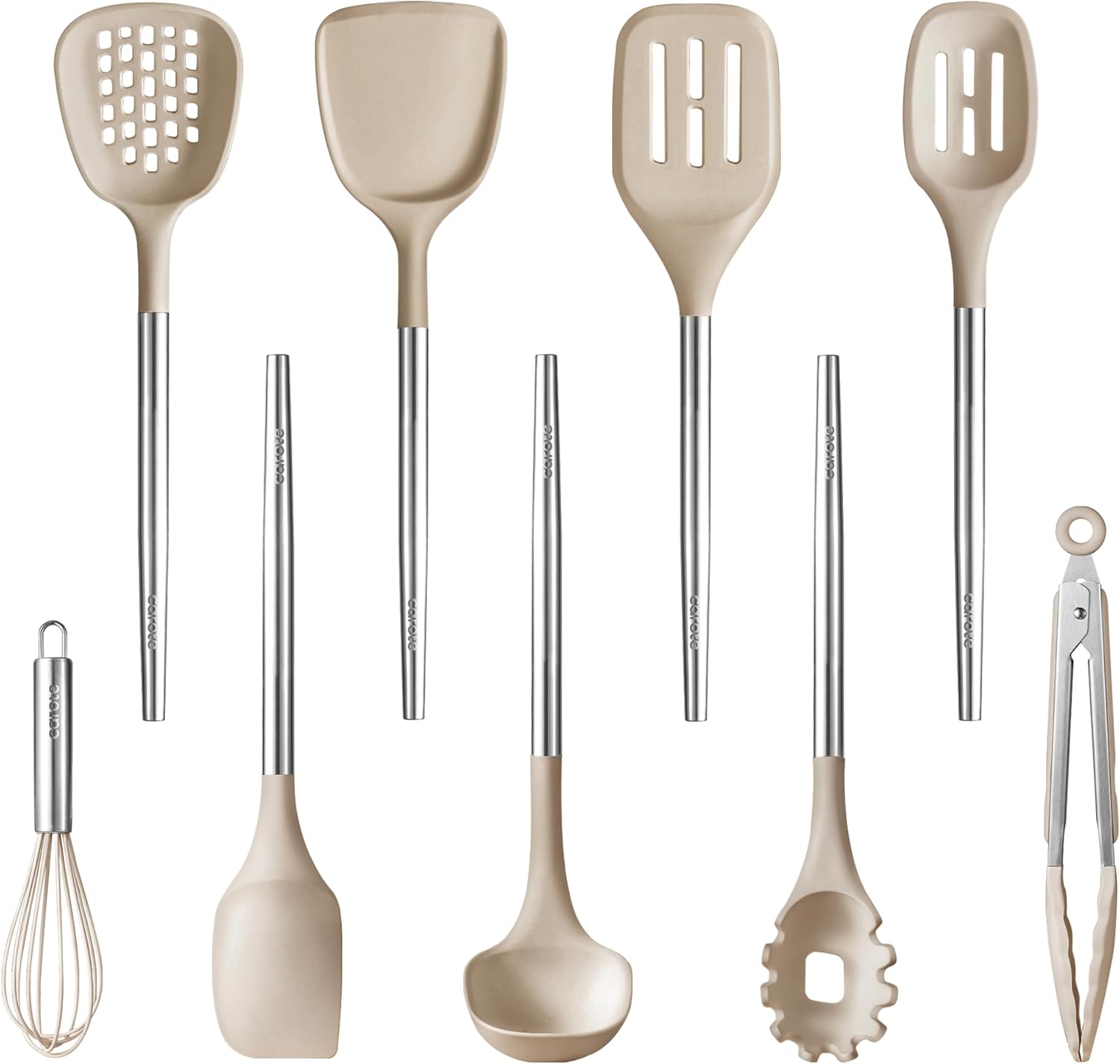 CAROTE 9PCS Kitchen Utensils Set, Silicone Kitchen Utensils Set with Stainless Steel Handle for Non-Stick Cookware Set, Dishwasher Safe, Brown