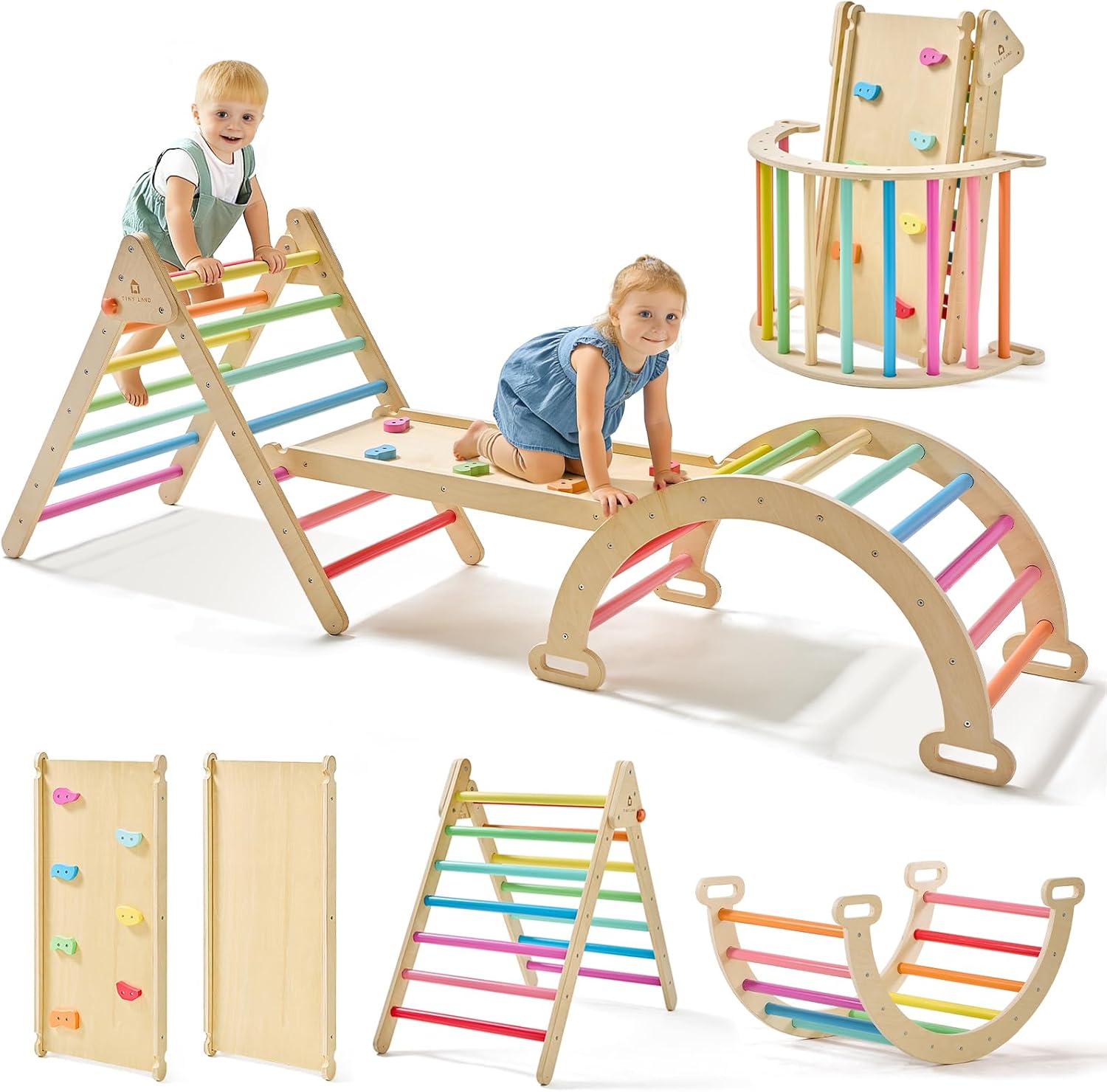 Tiny Land Pikler Triangle Set, 7-in-1 Foldable Climbing Toys Set for Kids
