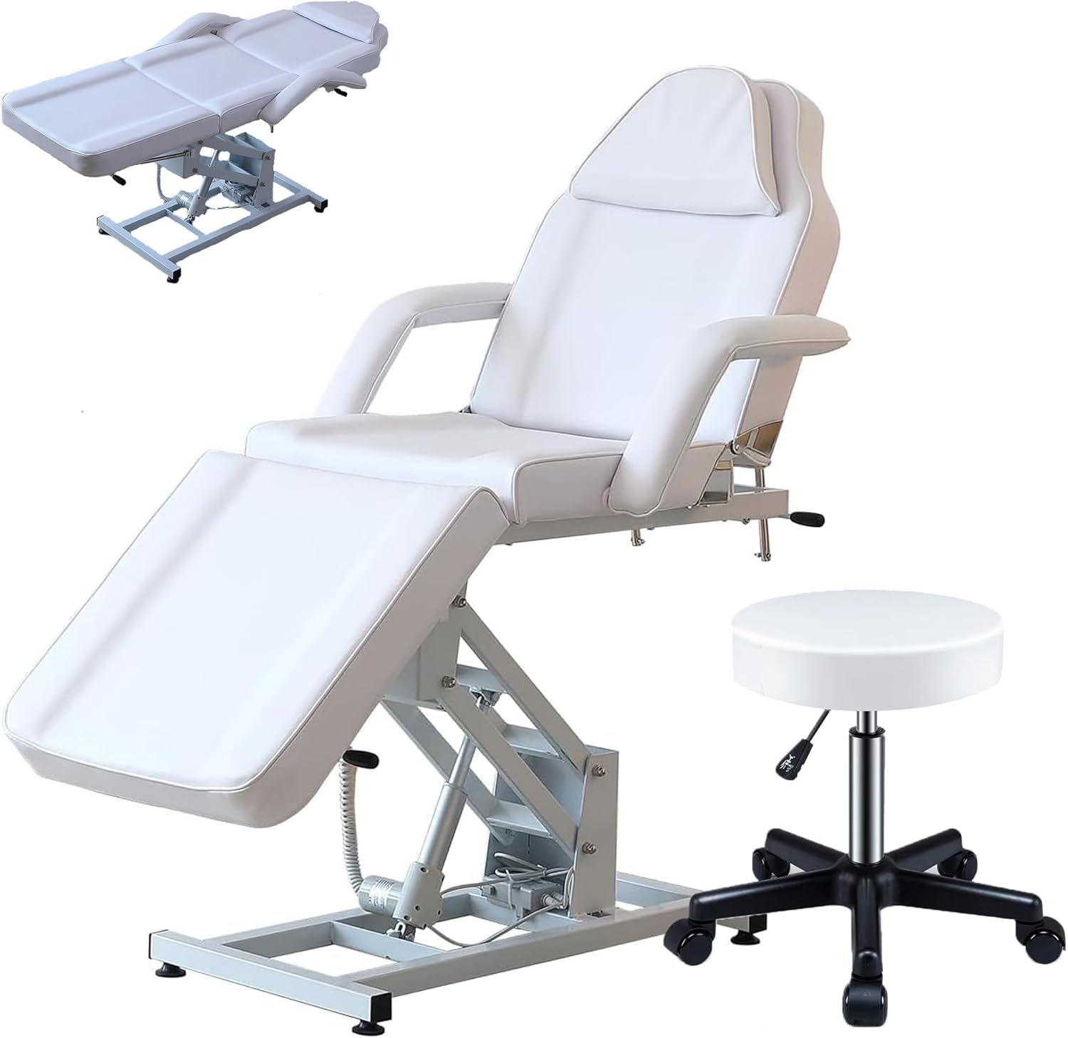 LSLIFE Electric Massage Table Beauty Bed with Stool Swivel Massage Chair with Head Cushion 3 Section Adjustable Beauty Bed Professional Tattoo SPA Salon Chair (White)
