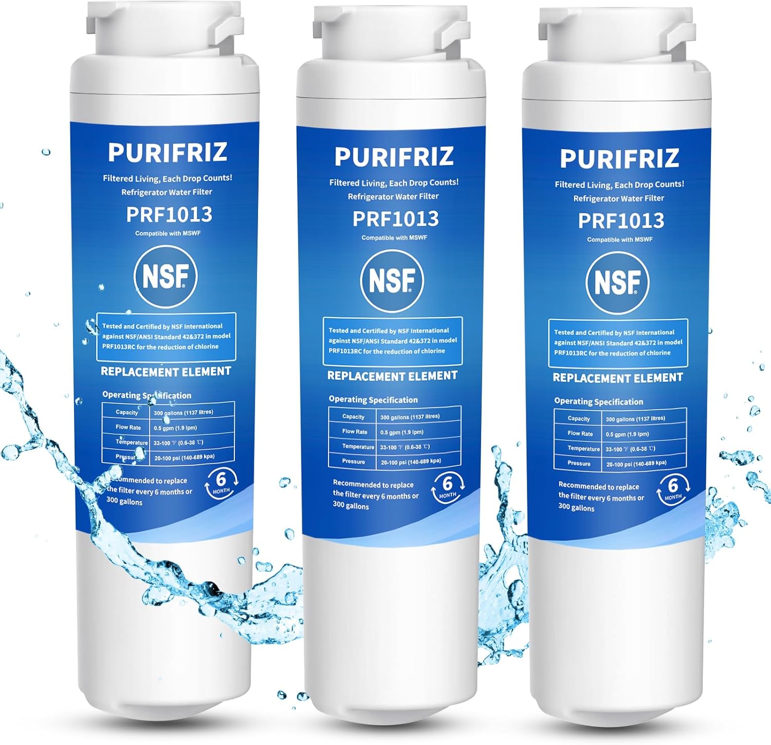 3 Pack MSWF Refrigerator Water Filter Compatible with GE MSWF, SmartWater 101820A, 101821B, RWF1500A, NSF/ANSI 42&372 Certified, 6 Month / 300 Gallon