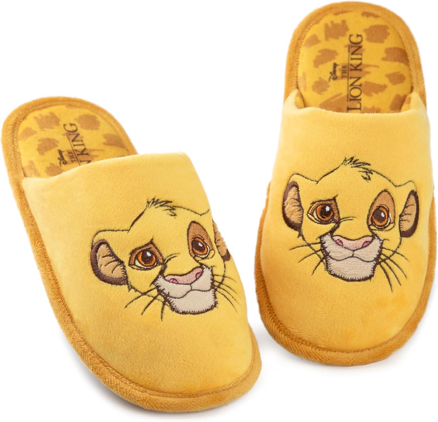 Disney The Lion King Womens Slippers | Ladies Simba Indoor Fur Mules in Yellow | Embroidered Animal Character Face Slip On House Shoes for Adults and Teens | Animated Movie Merchandise Gift