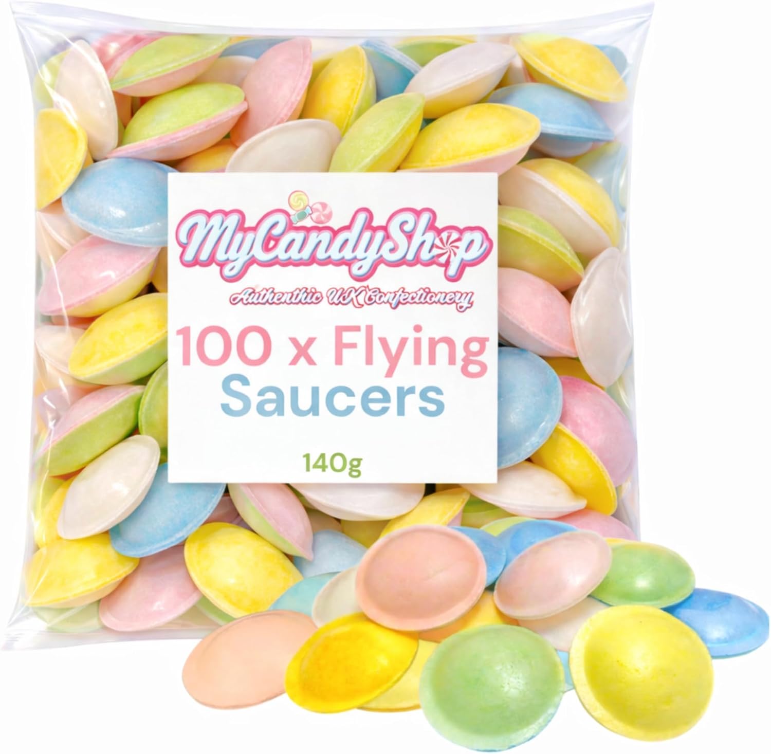 MyCandyShop Flying Saucer Sweets 140g - 100 x Flying Saucers - Retro Sweets In Bulk Cheap