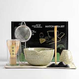 Japanese Matcha Ceremony Accessory, Matcha Whisk, Traditional Scoop (Chashaku), Tea Spoon, Whisk Holder, 1 tea bowl, 1 tea siev, The Perfect Set to Prepare a Traditional Cup of Matcha.