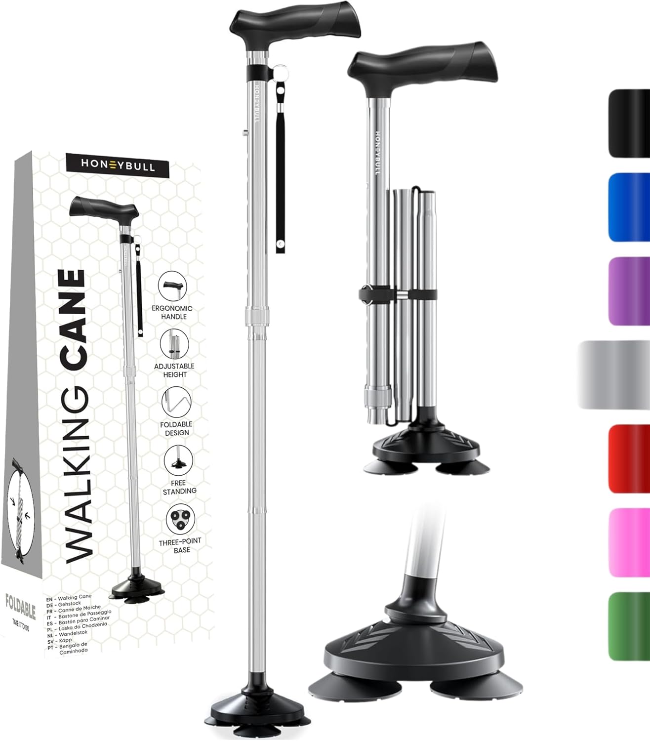 HONEYBULL Walking Cane for Men & Women - Foldable, Adjustable, Collapsible, Free Standing Cane, Pivot Tip, Heavy Duty | Walking Sticks, Folding Canes for Seniors & Adults [Silver]