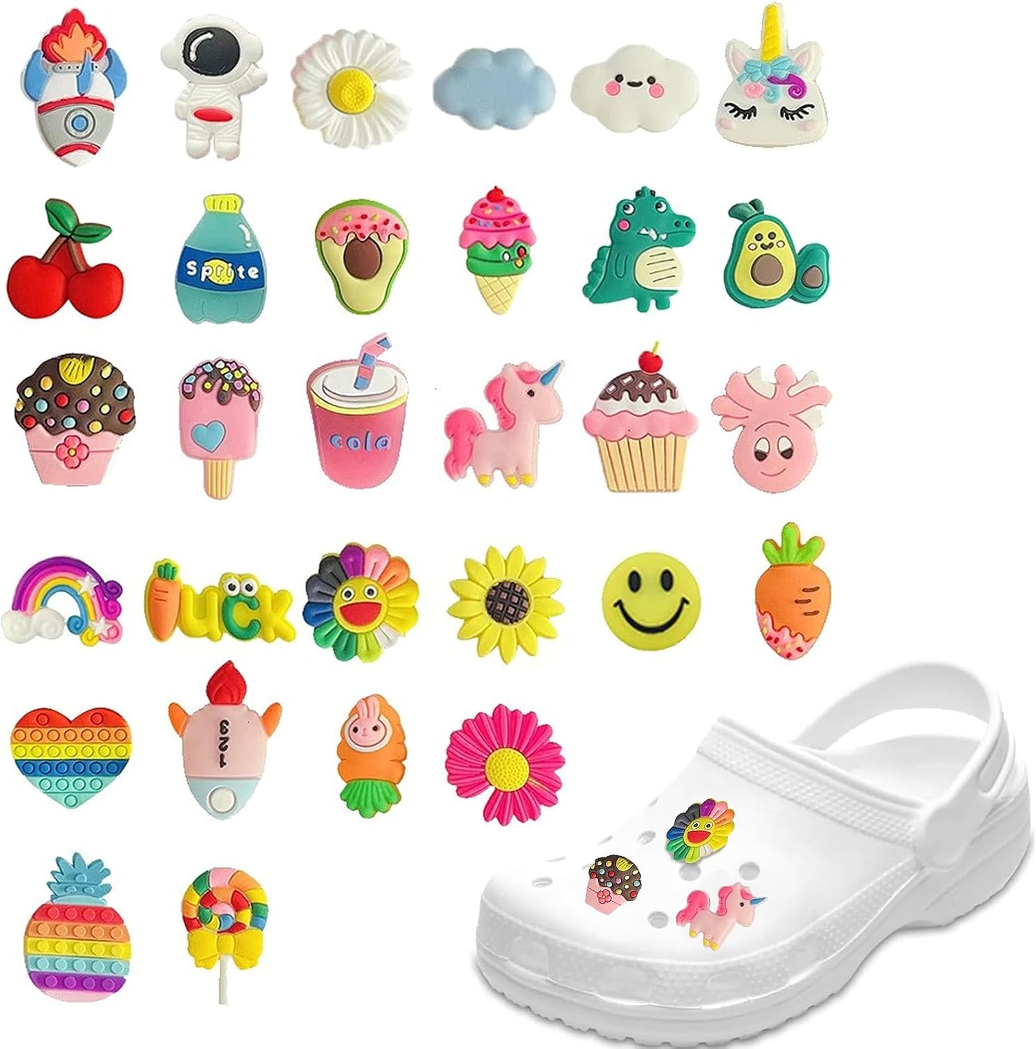 IGEAIIE 30PCS Colourful Shoe Charms, Waterproof PVC Croc Charms, Cute Shoe Decorations Compatible for Crocs, Fun DIY Decorations Charm for Kids Girls Boys Birthday Party