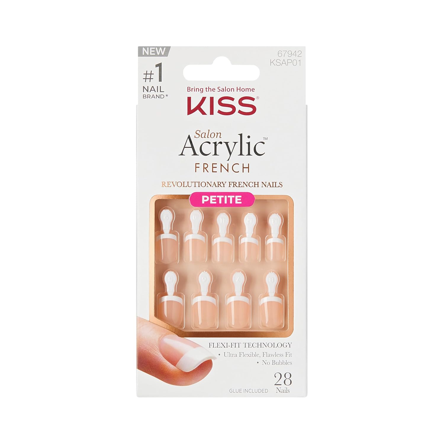 KISS Salon Acrylic, Press On Nails, Nail glue included, 'Crush Hour', White, Petite Size, Squoval Shape, Includes 28 Nails, 2g glue, 1 Manicure Stick, 1 Mini File