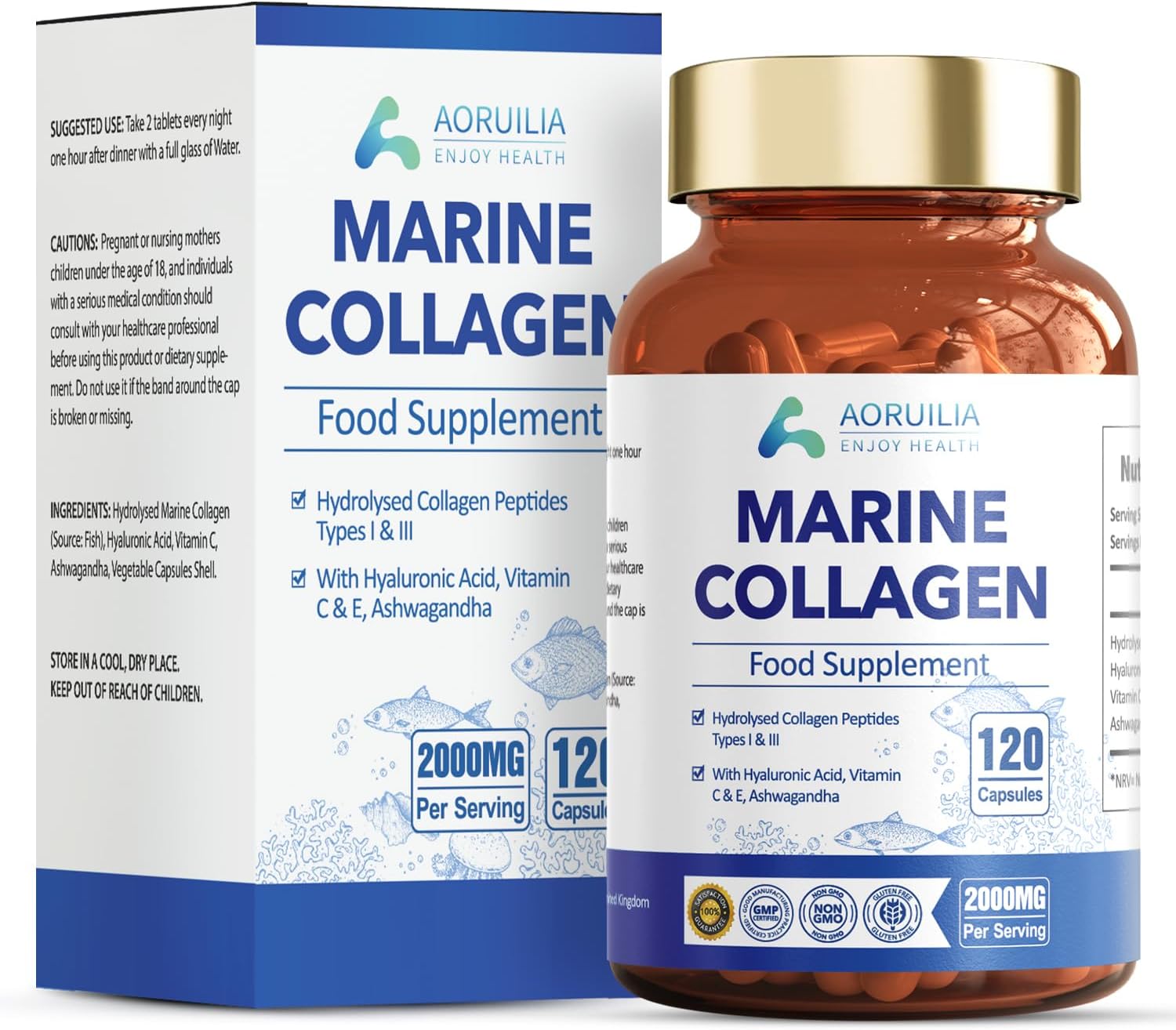 Marine Collagen Supplements for Women Men 2000mg 120 Capsules Hyaluronic Acid, Vitamin C, Vitamin E & Ashwagandha, Hydrolysed Collagen Peptides Types I & III Collagen Complex for Skin Joints Hair