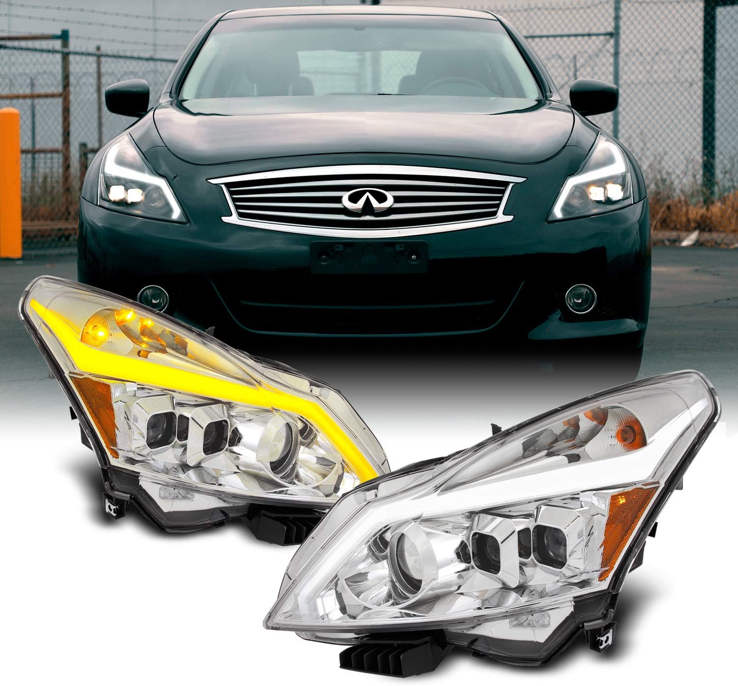 AKKON - For 2010-2013 G37/G25 2015 Q40 Sedan New Clear LED Sequential LED Signal Tube Projector