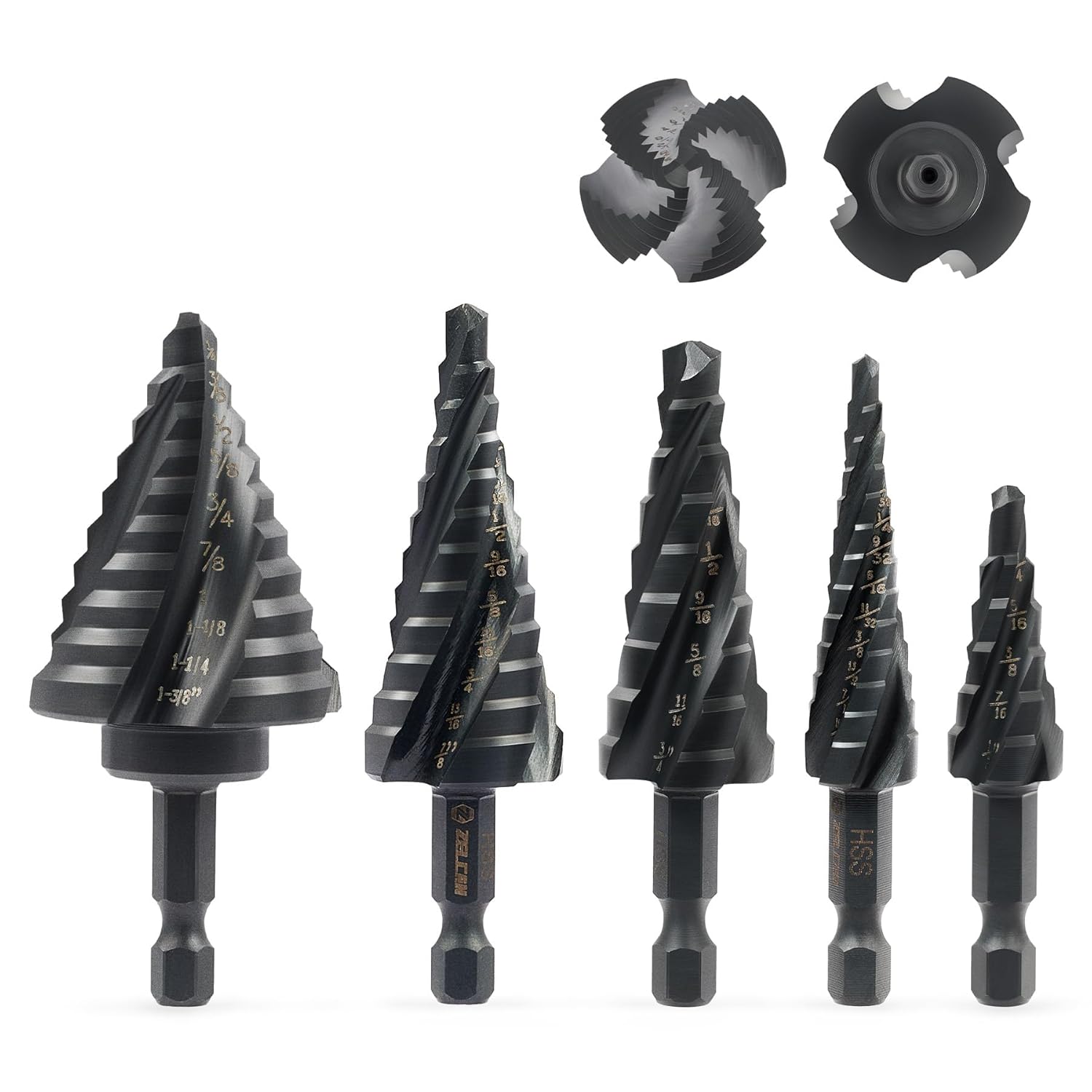 ZELCAN Step Drill Bit Set, 5PCS Four Spiral Flute Step Bits for Metal, 50 Sizes Titanium-Coated HSS Drill Bits with 1/4" Hex Shank for Stainless Steel Aluminum Wood Plastic